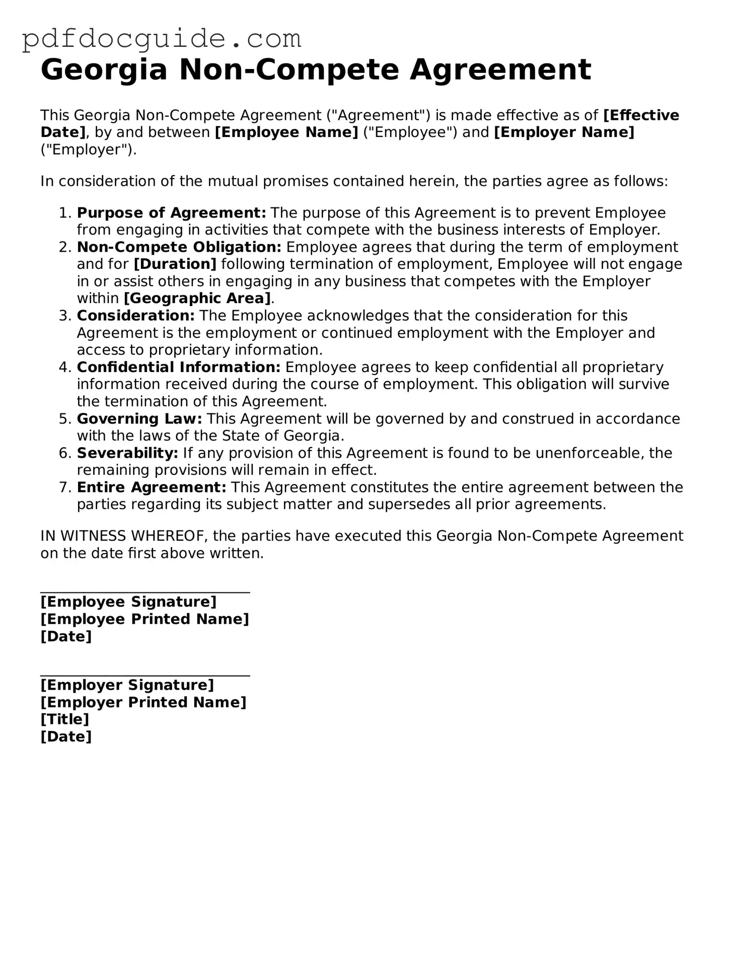 Valid  Non-compete Agreement Document for Georgia