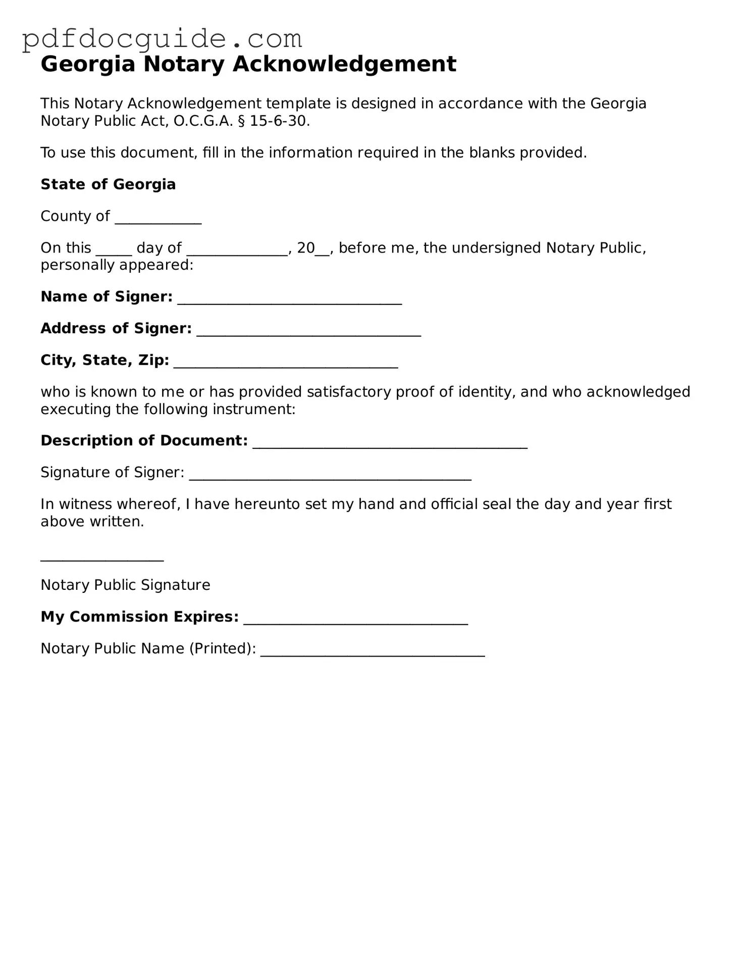 Valid  Notary Acknowledgement Document for Georgia