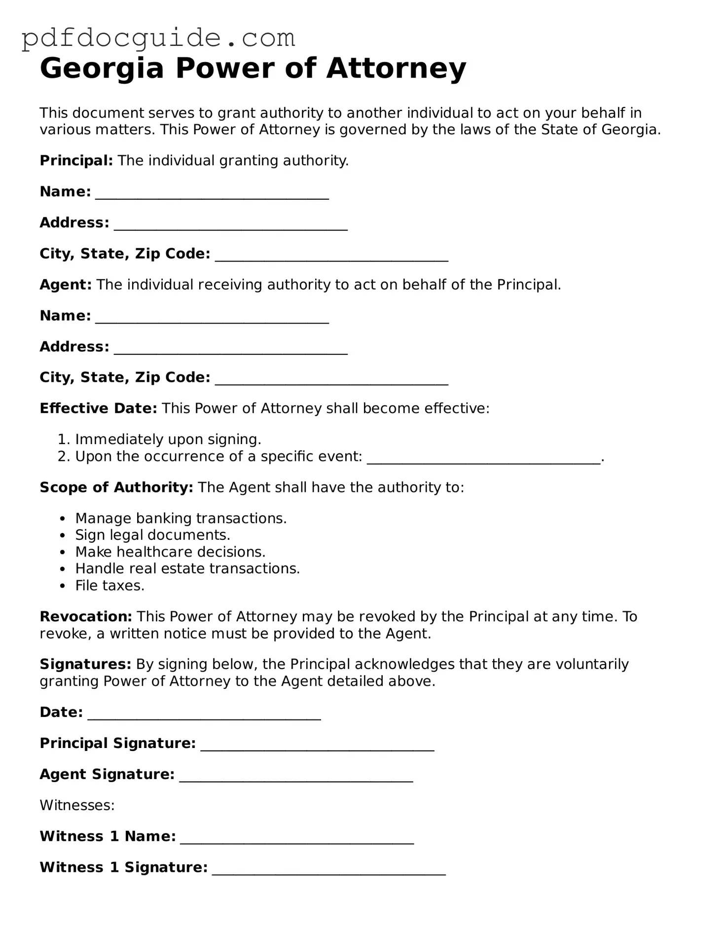 Valid  Power of Attorney Document for Georgia