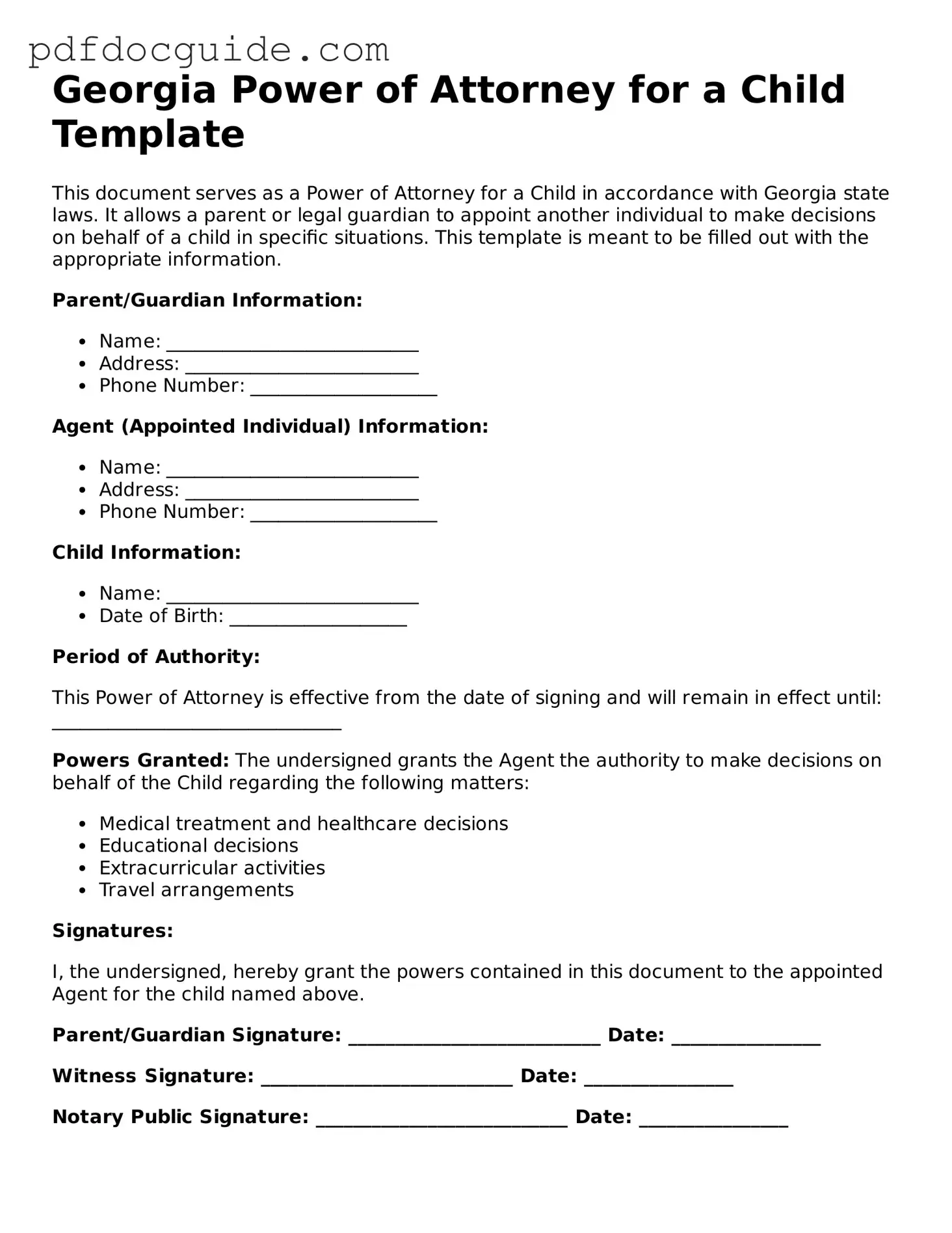 Valid  Power of Attorney for a Child Document for Georgia