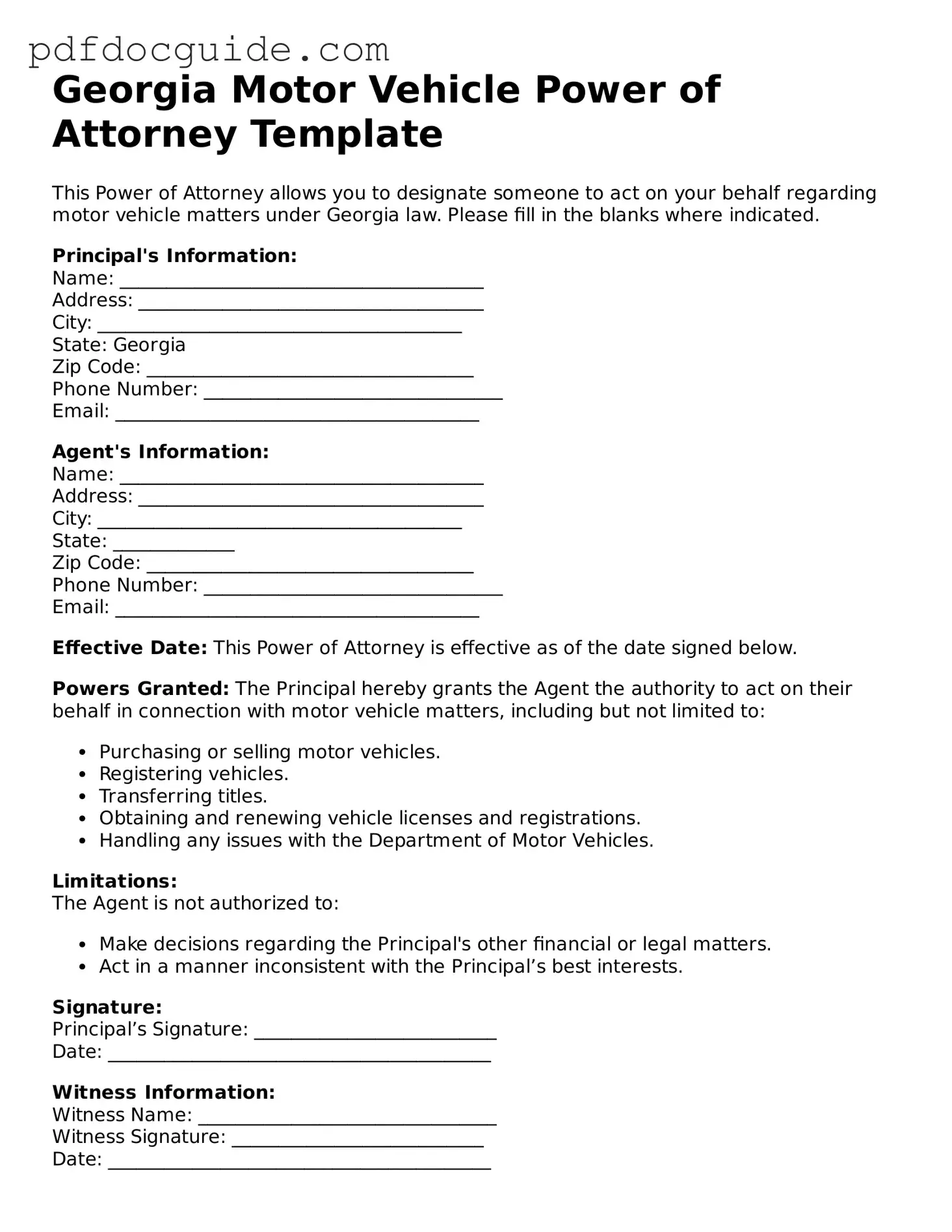 Valid  Motor Vehicle Power of Attorney Document for Georgia