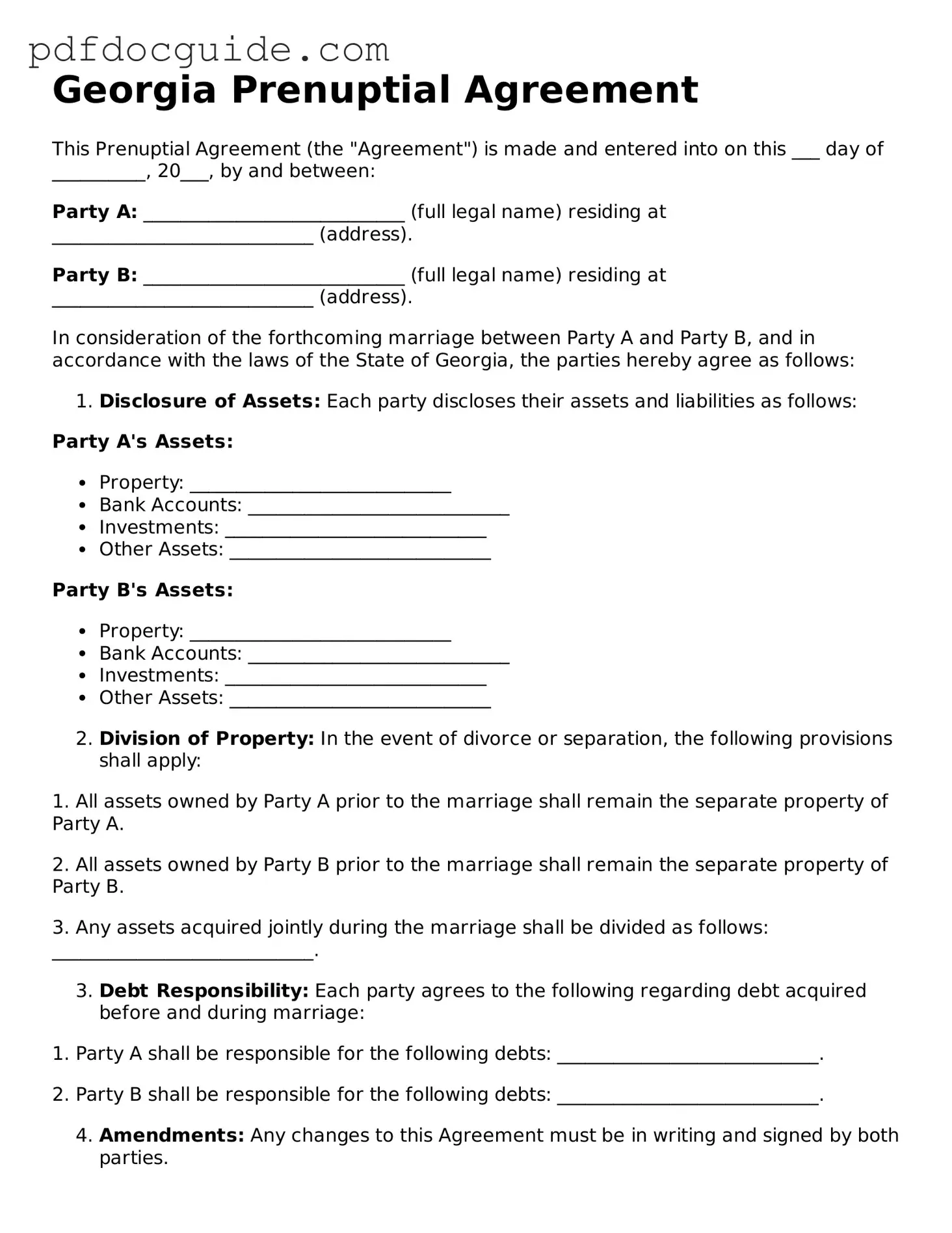 Valid  Prenuptial Agreement Document for Georgia