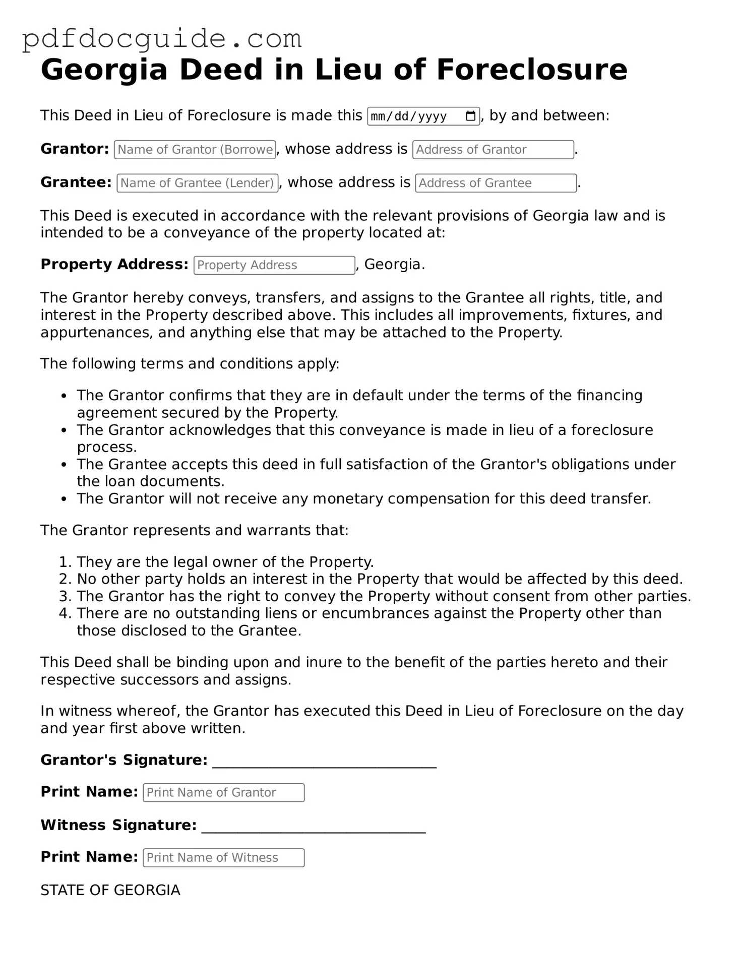 Valid  Deed in Lieu of Foreclosure Document for Georgia