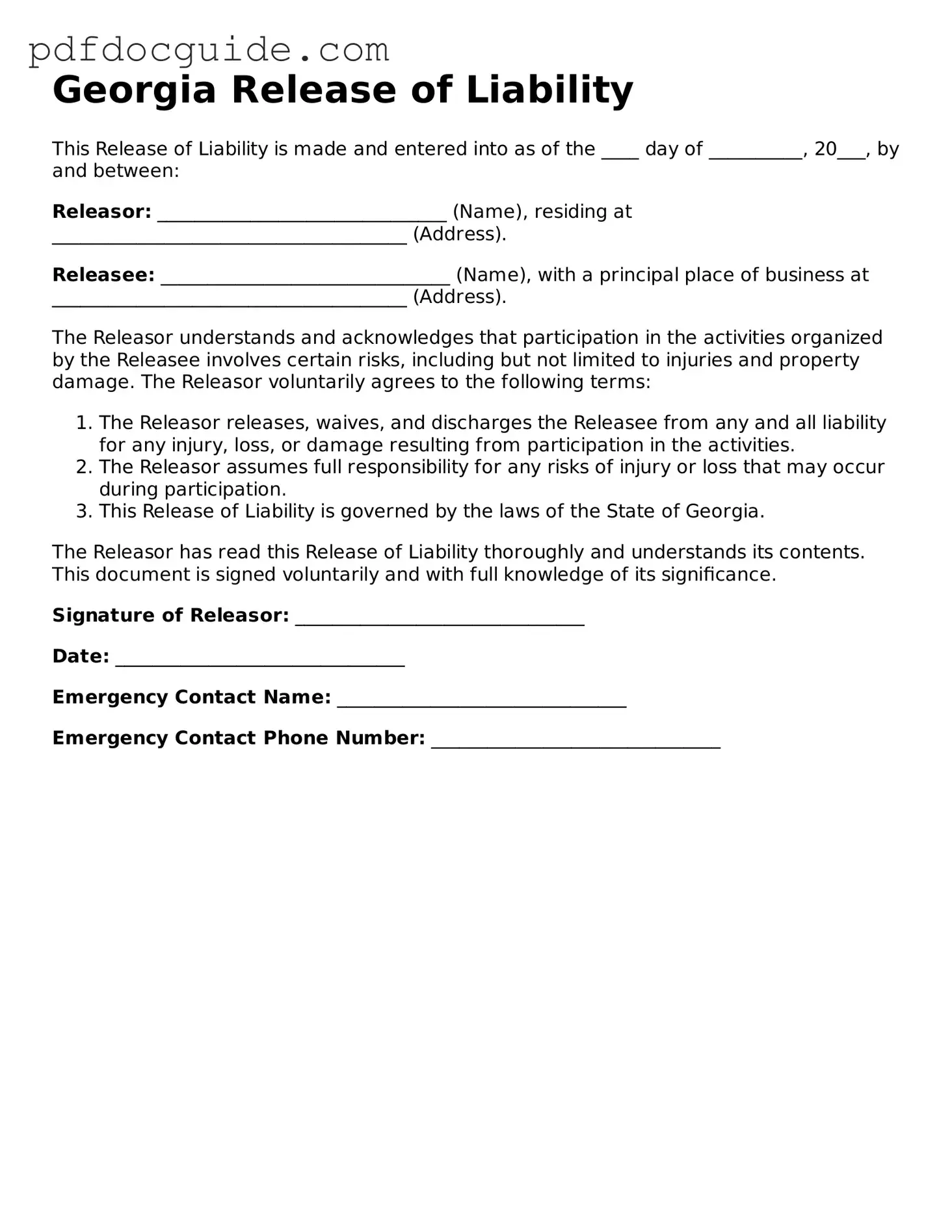 Valid  Release of Liability Document for Georgia