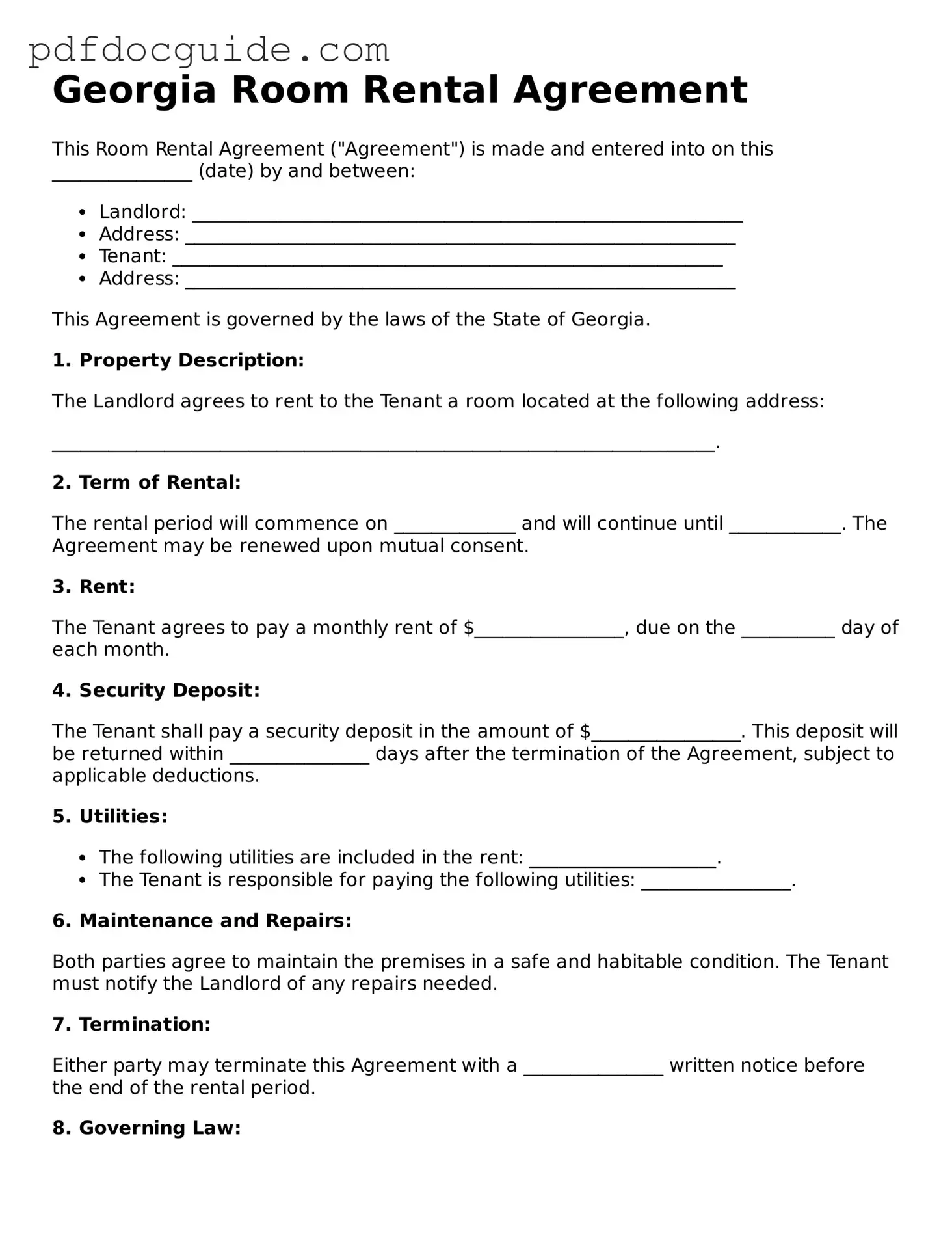 Valid  Room Rental Agreement Document for Georgia