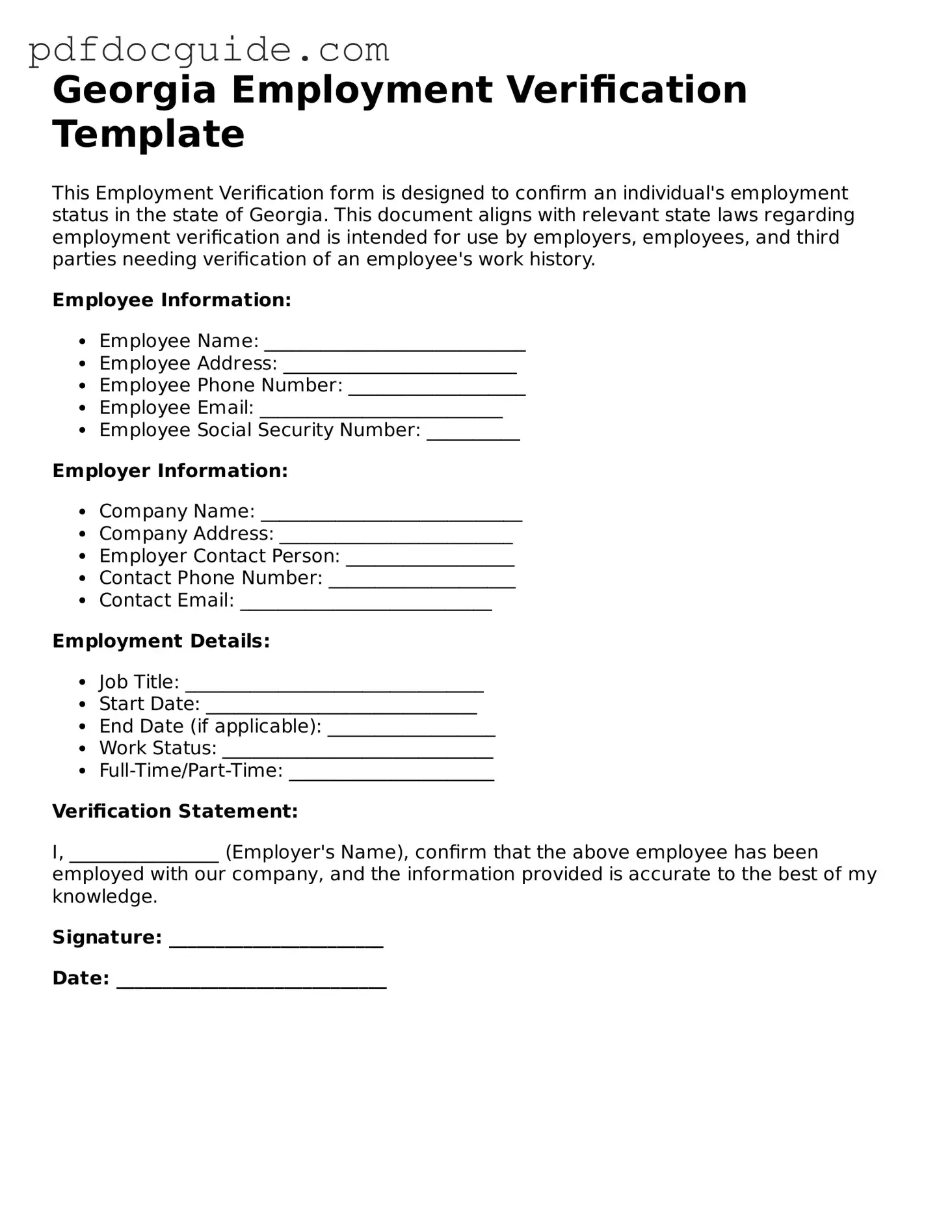 Valid  Employment Verification Document for Georgia