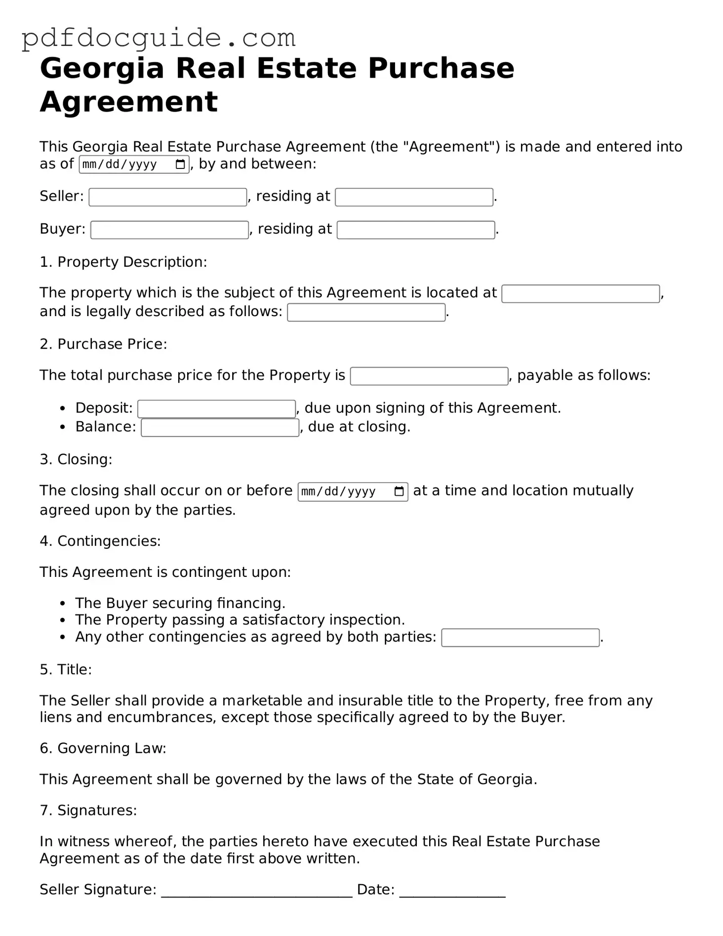 Valid  Real Estate Purchase Agreement Document for Georgia