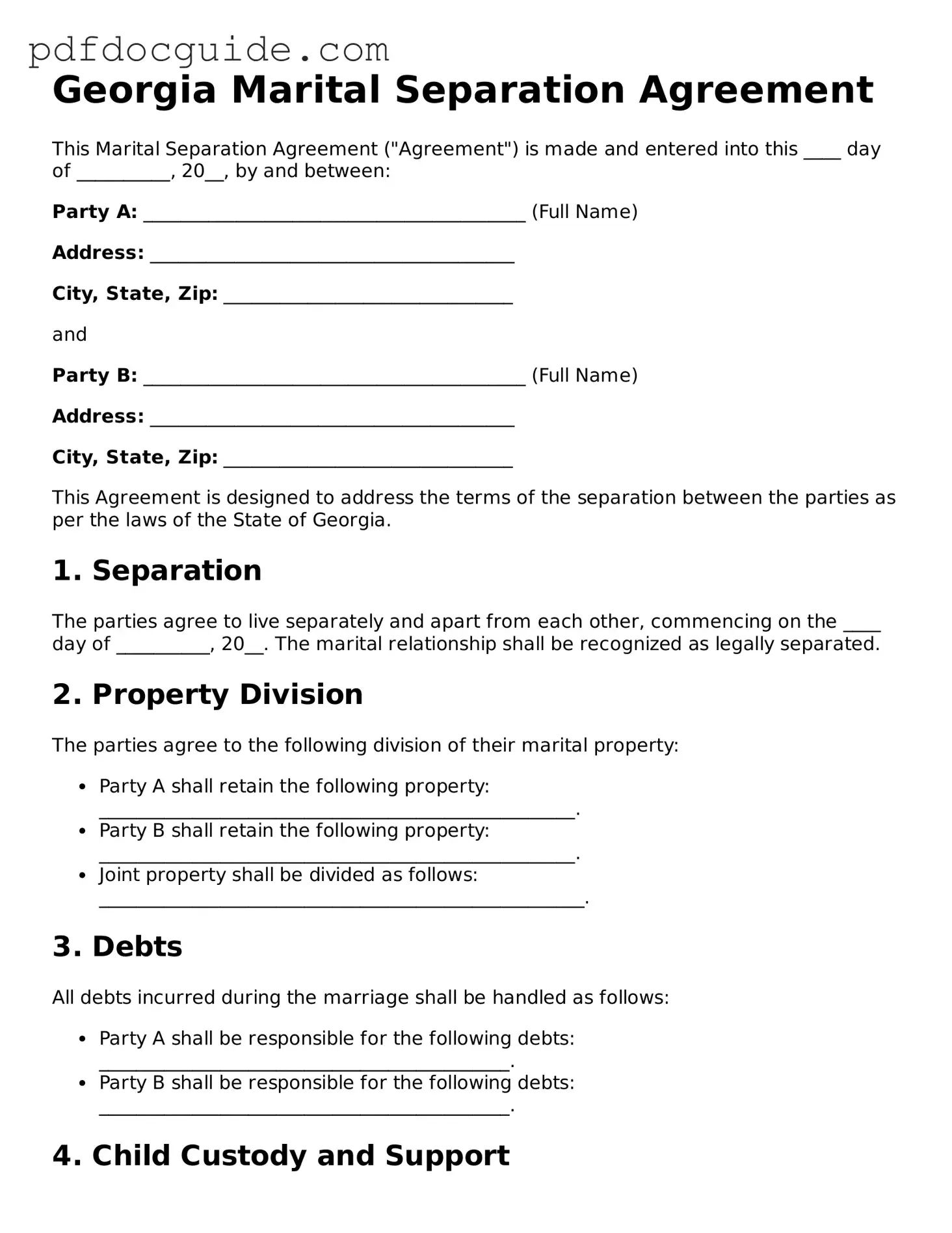 Valid  Marital Separation Agreement Document for Georgia