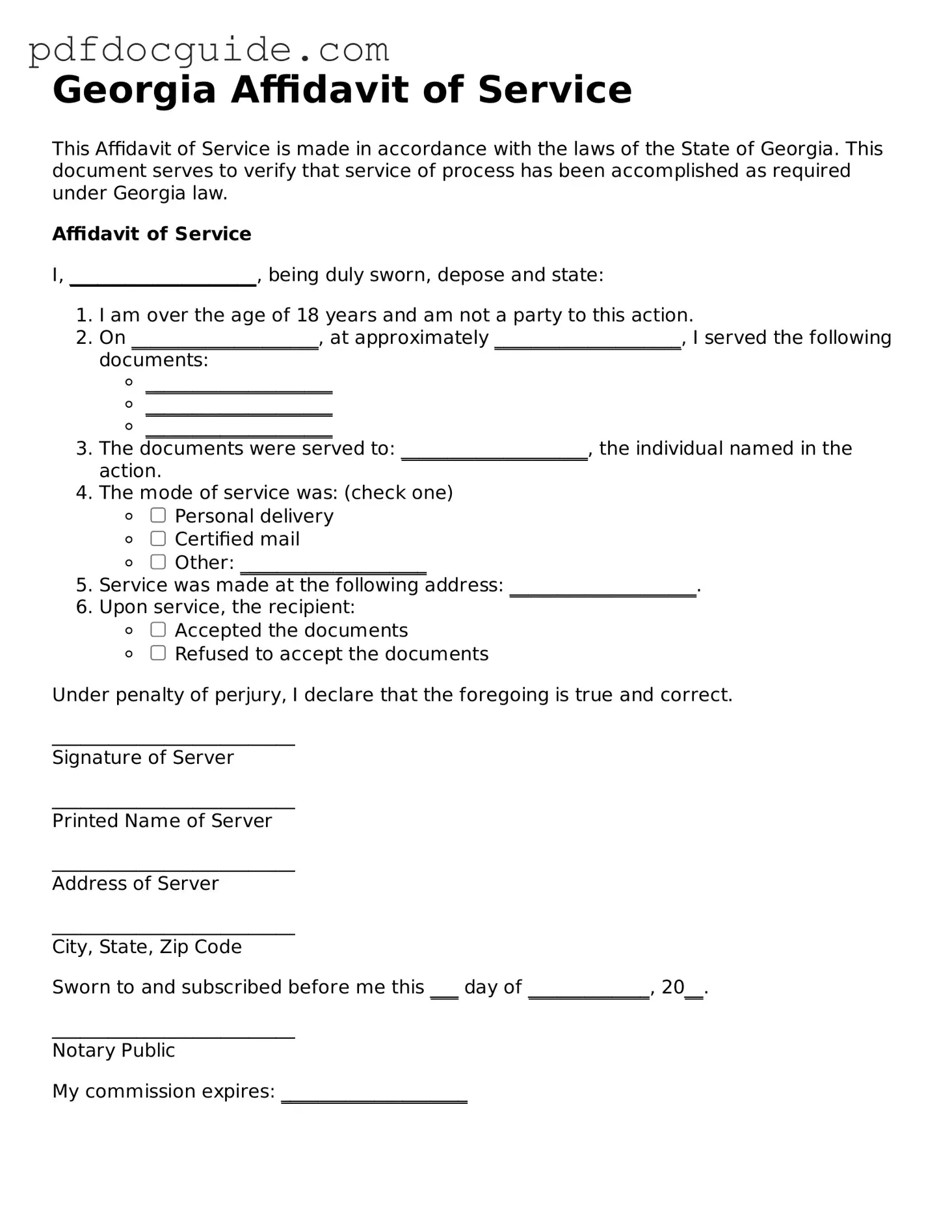 Valid  Affidavit of Service Document for Georgia