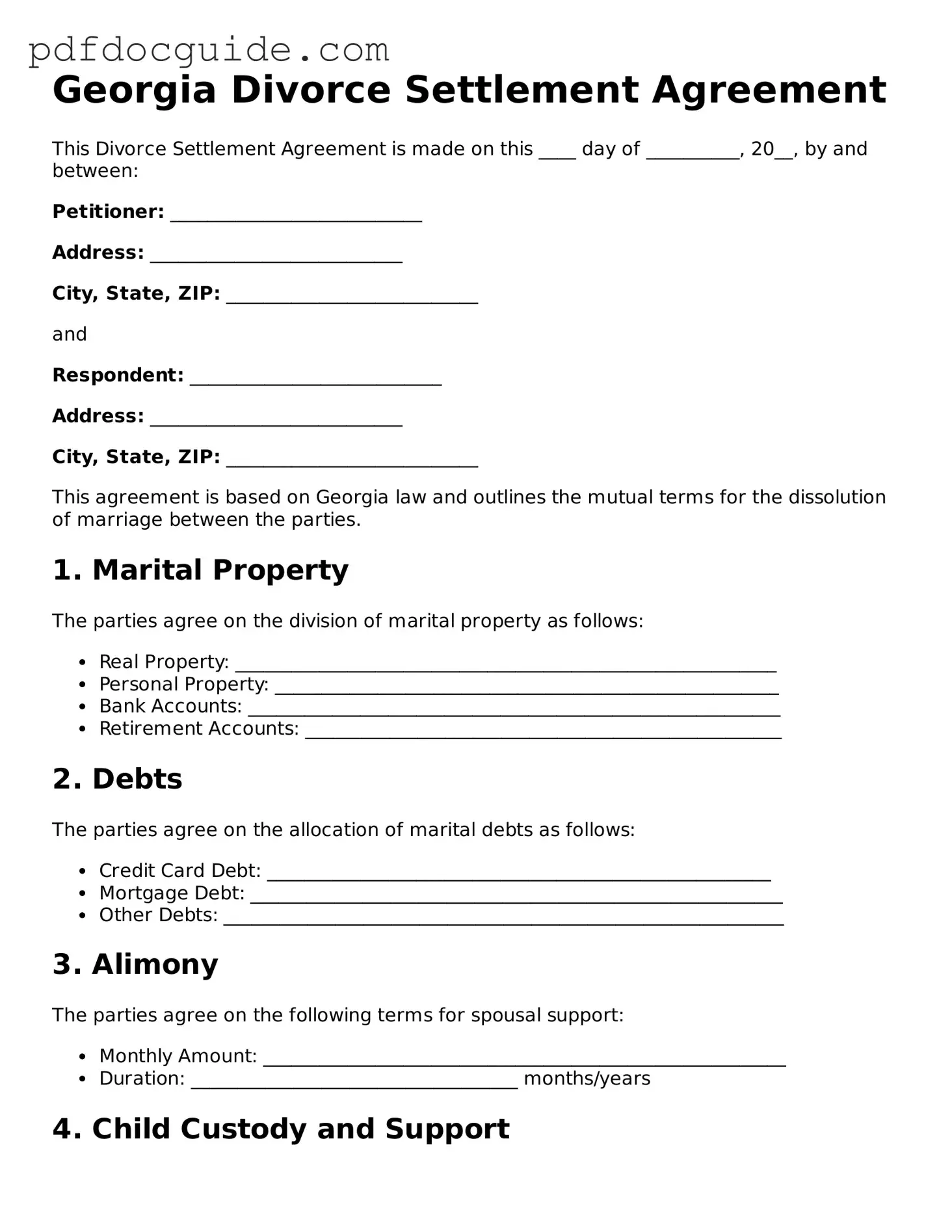 Valid  Divorce Settlement Agreement Document for Georgia