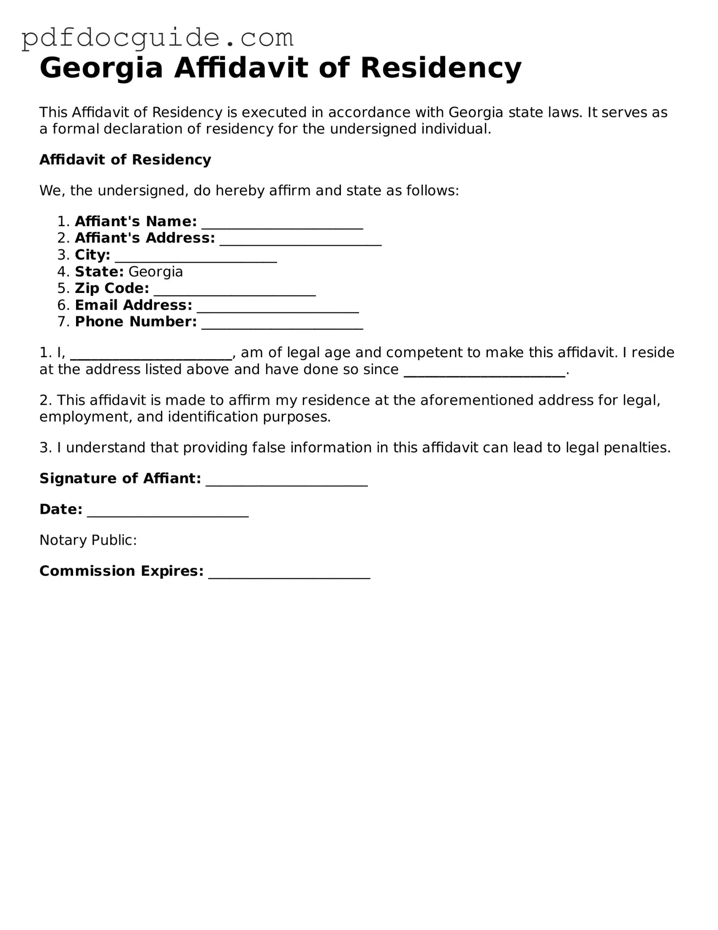 Valid  Affidavit of Residency Document for Georgia