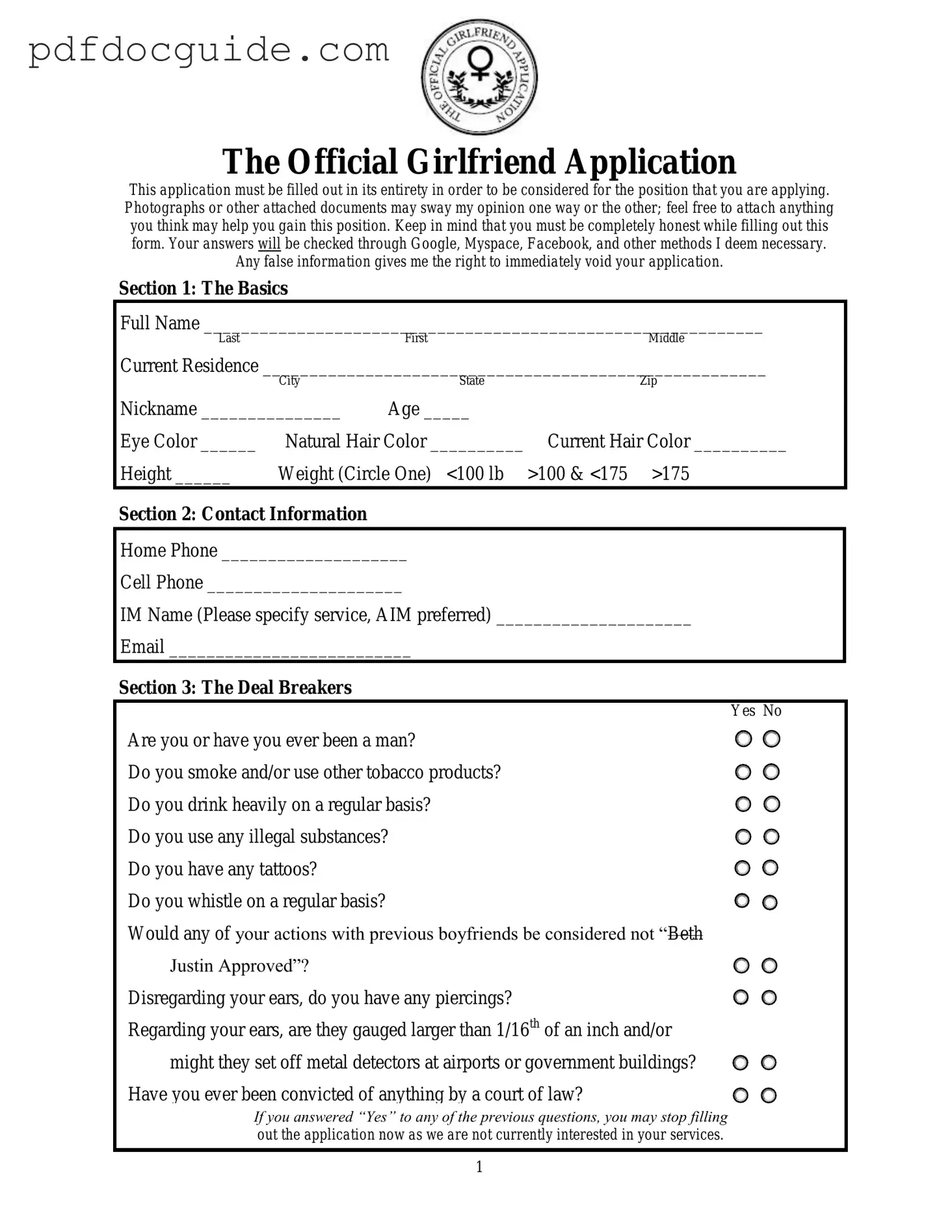 Girlfriend Application Form