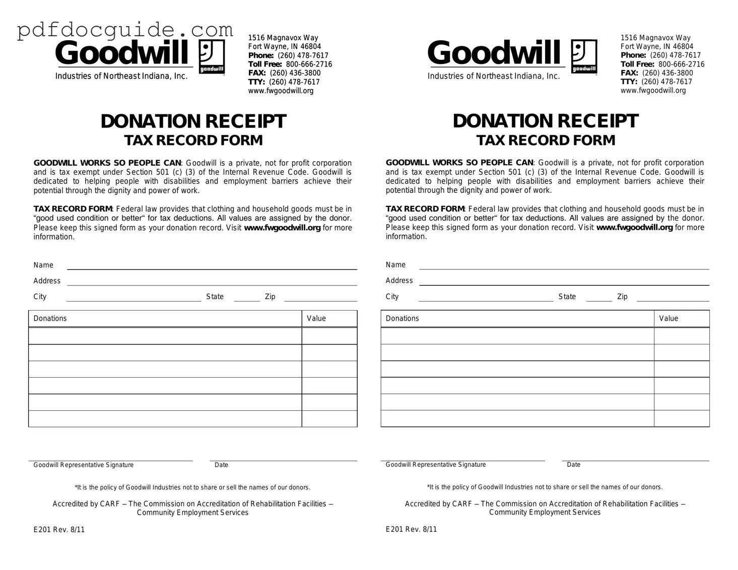 Goodwill donation receipt Form