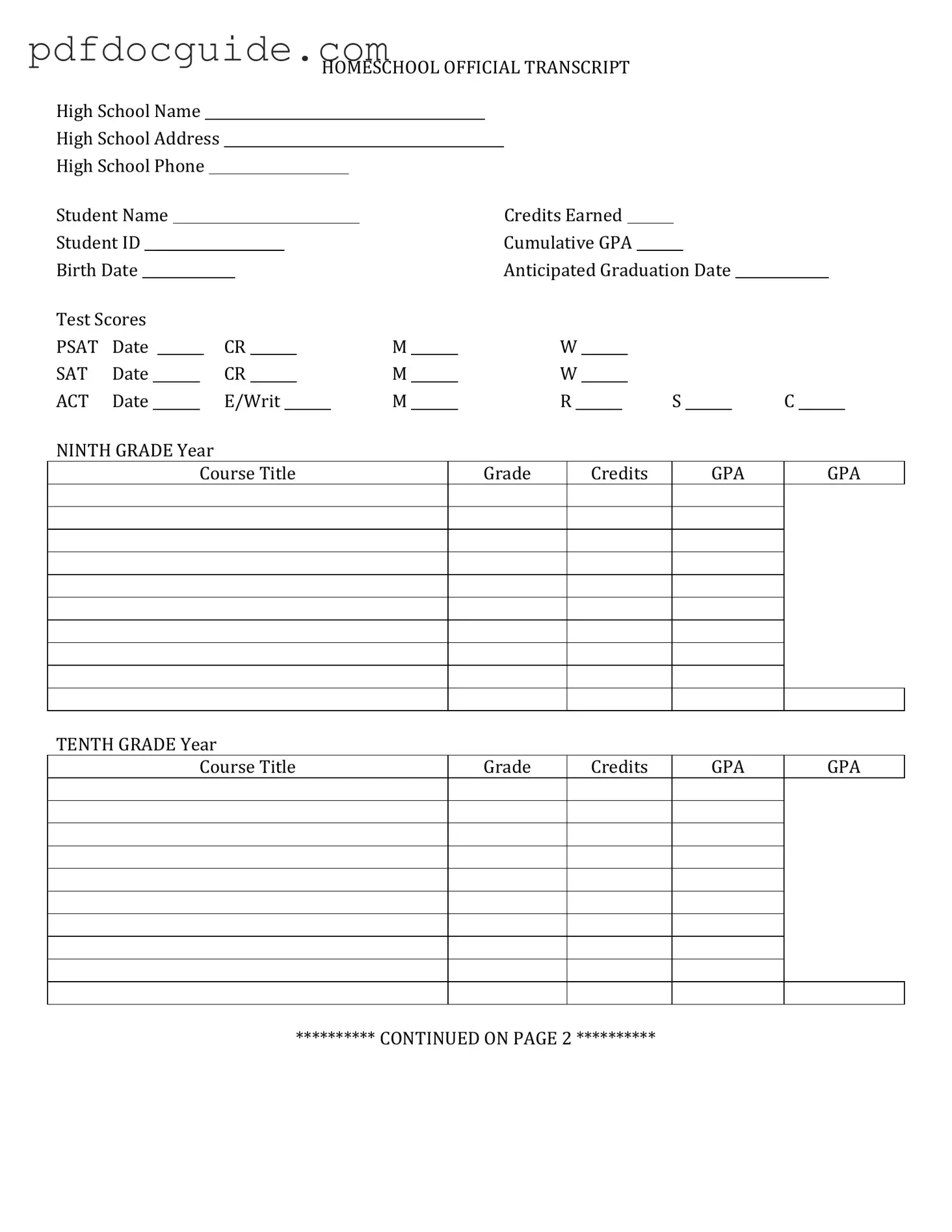 High School Transcript Form
