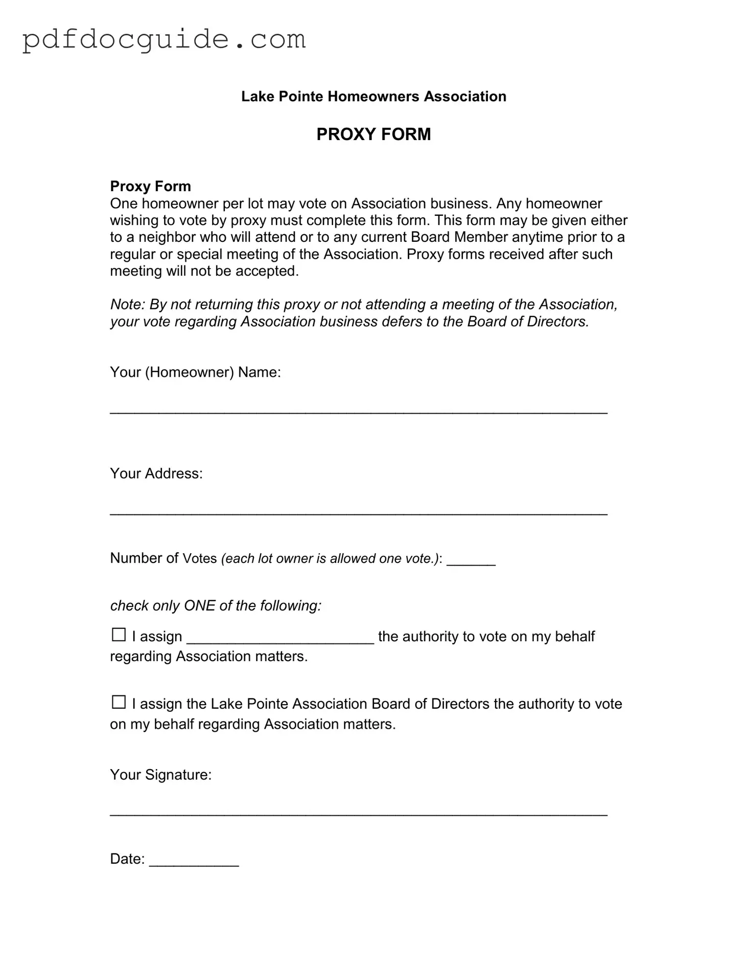 Homeowners Association Proxy Form
