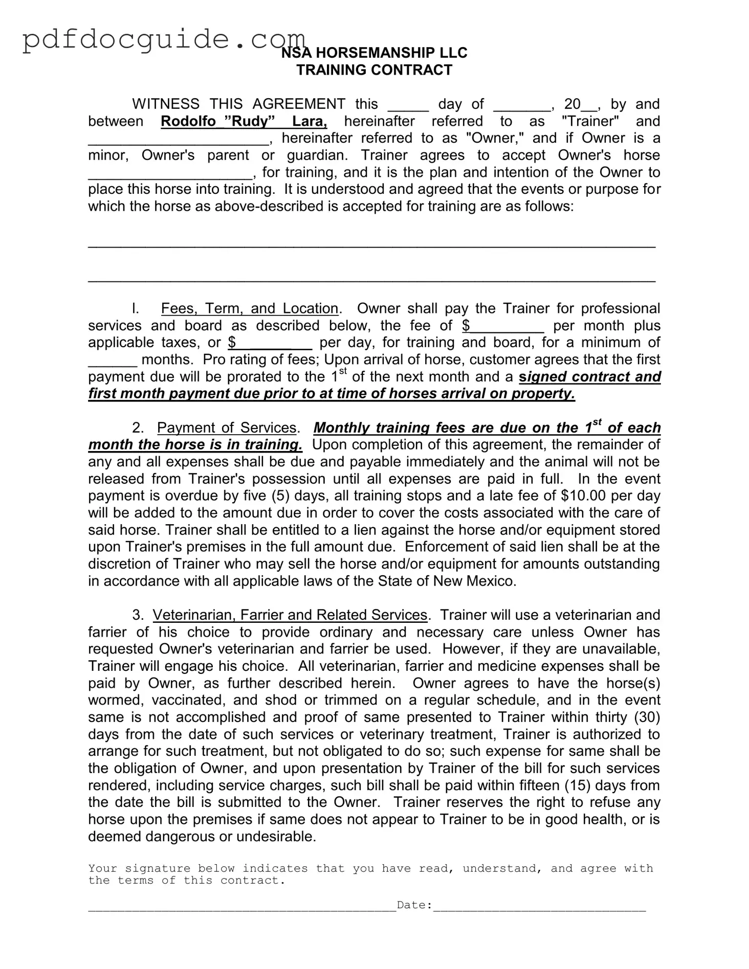 Horse Training Contract Form