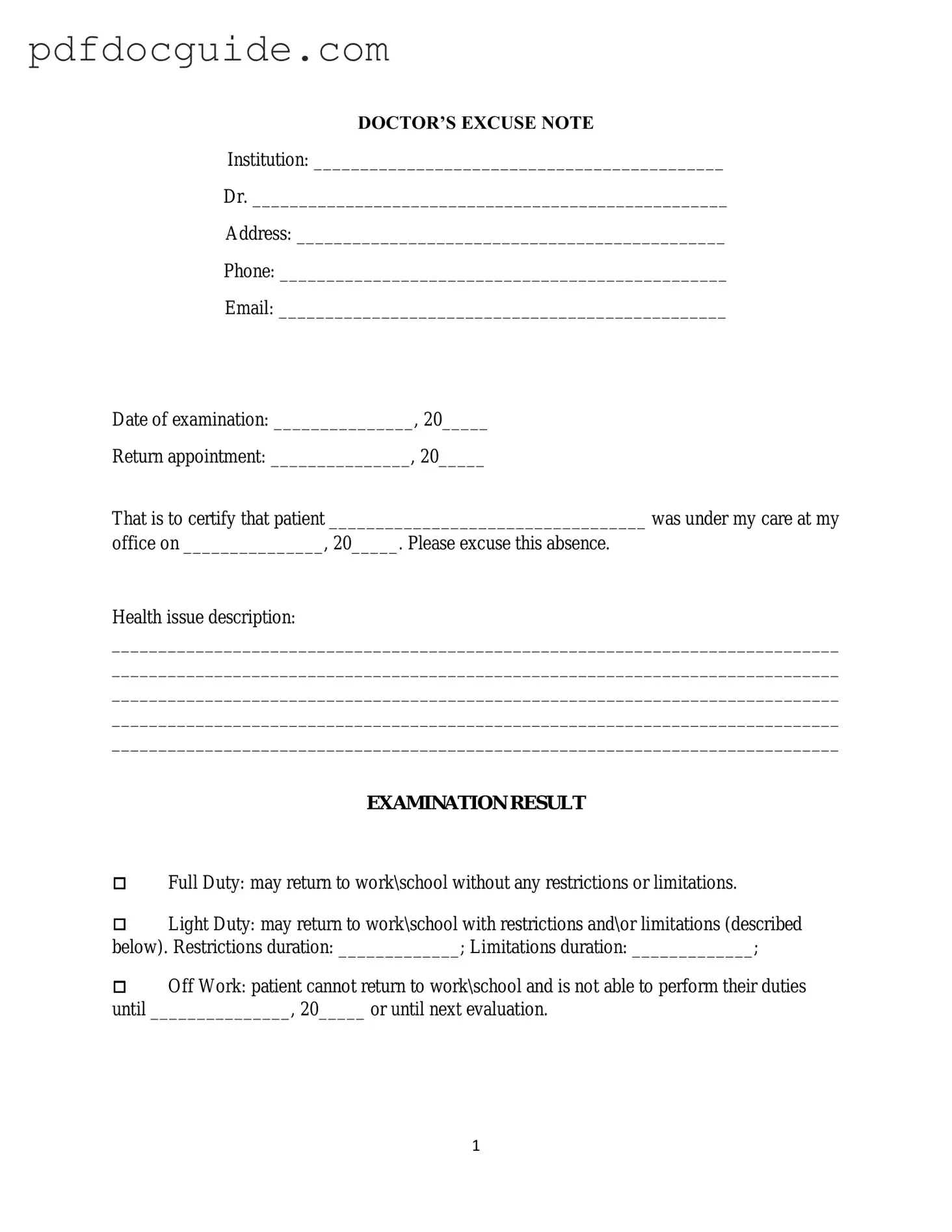 Doctors Excuse Note Form