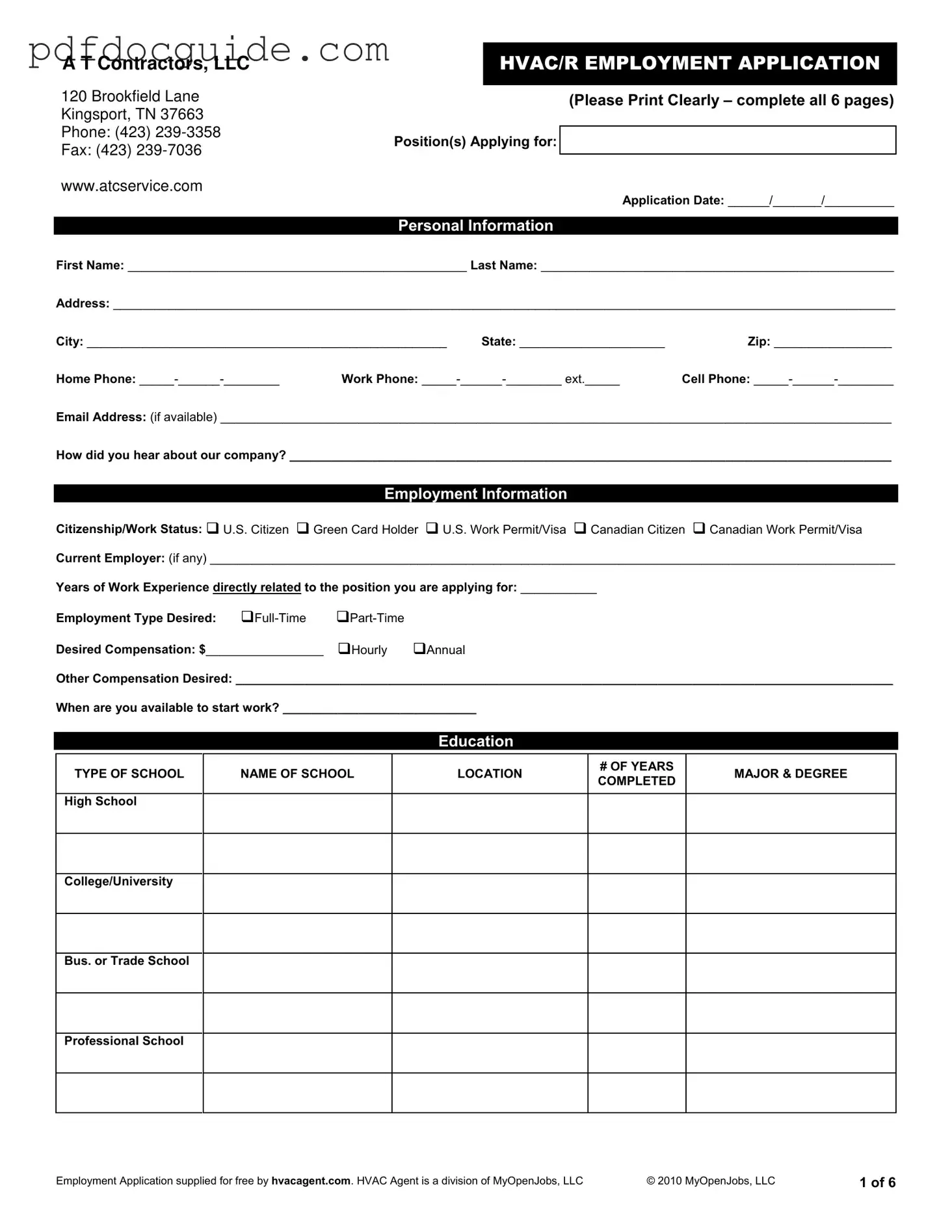 Hvac Job Application Form