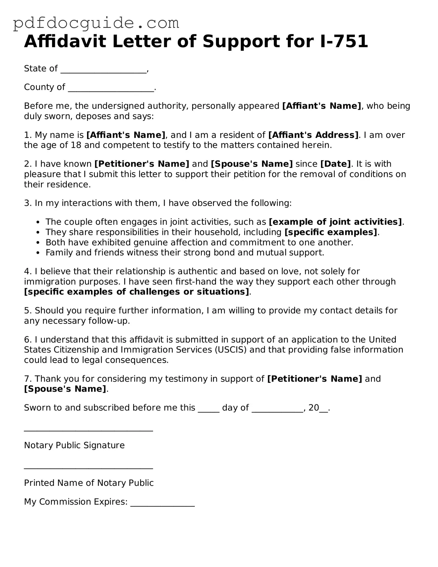 Attorney-Verified Affidavit Letter of Support for I-751 Template