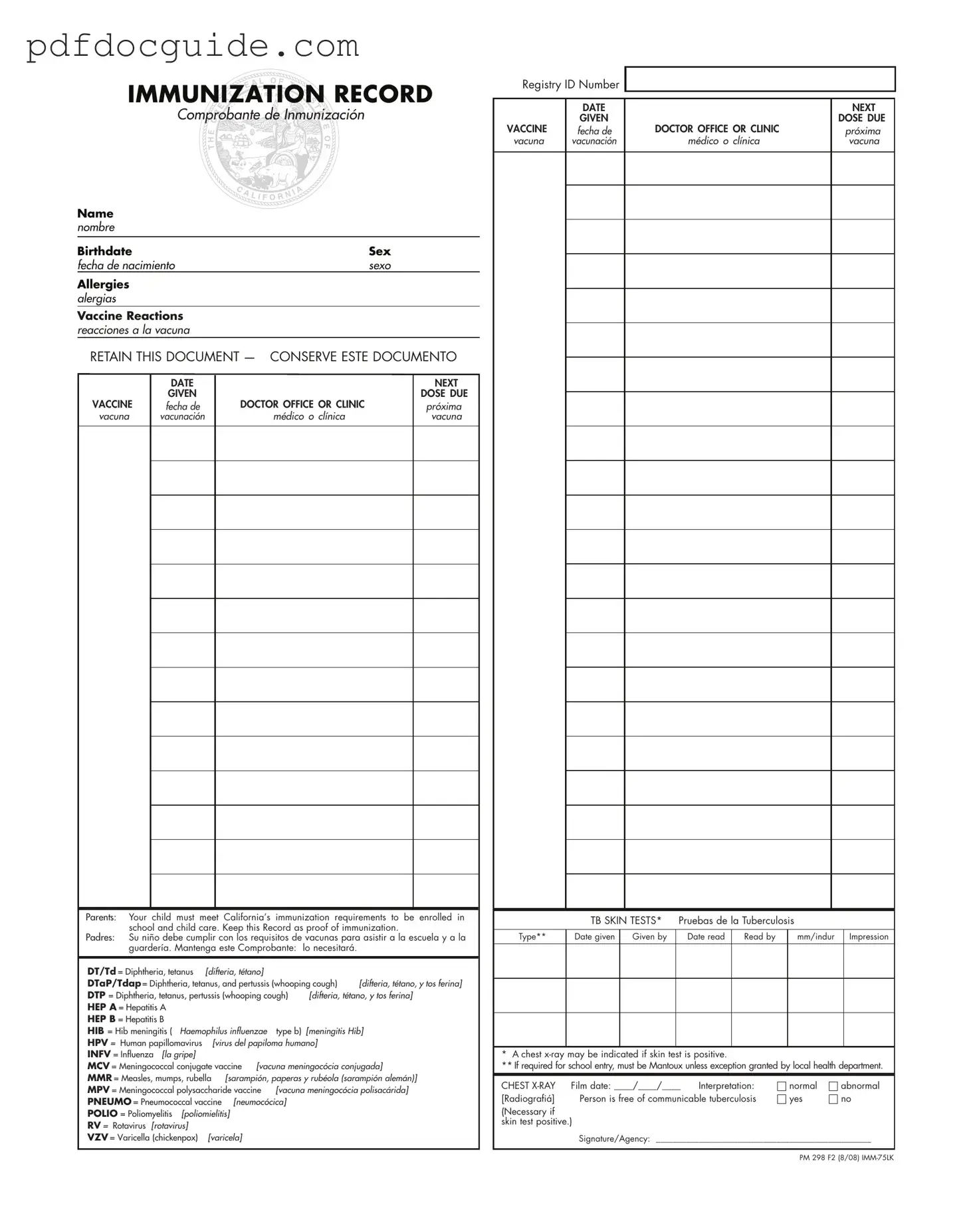 Immunization Record Form