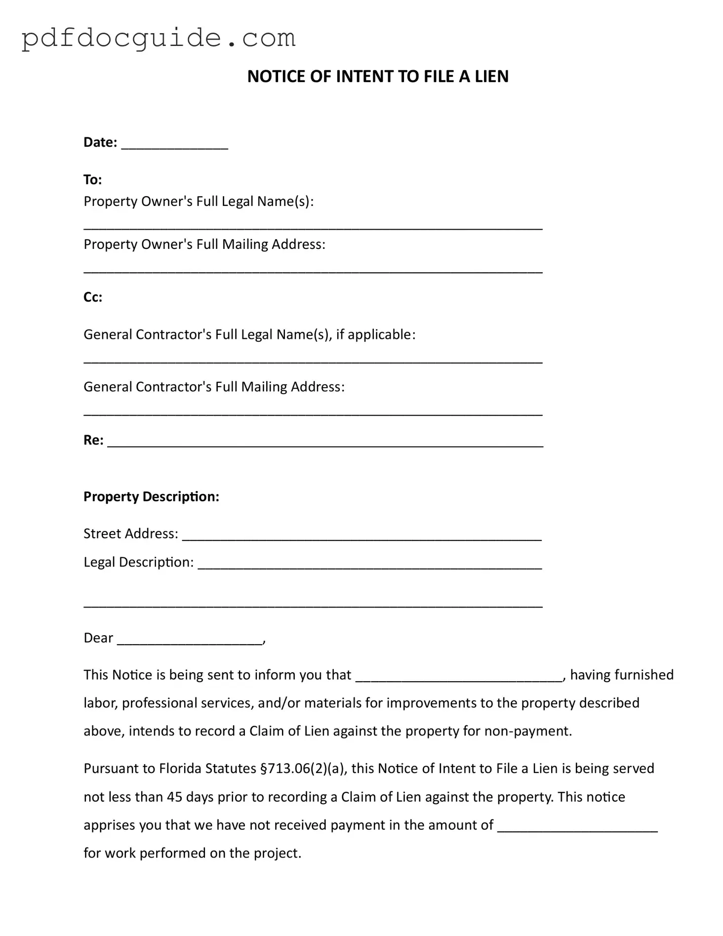 Intent To Lien Florida Form