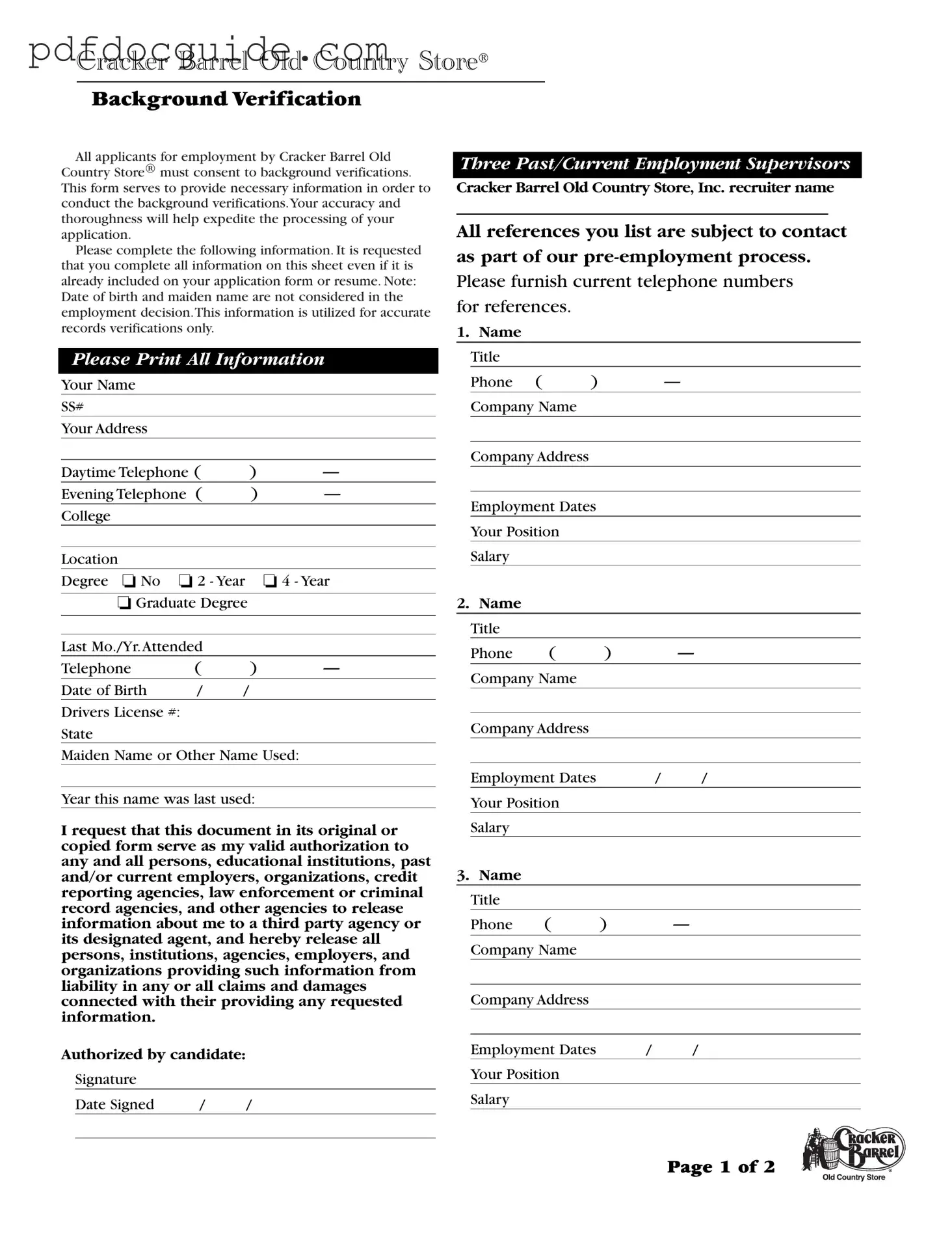 Cracker Barrel Background Check Form