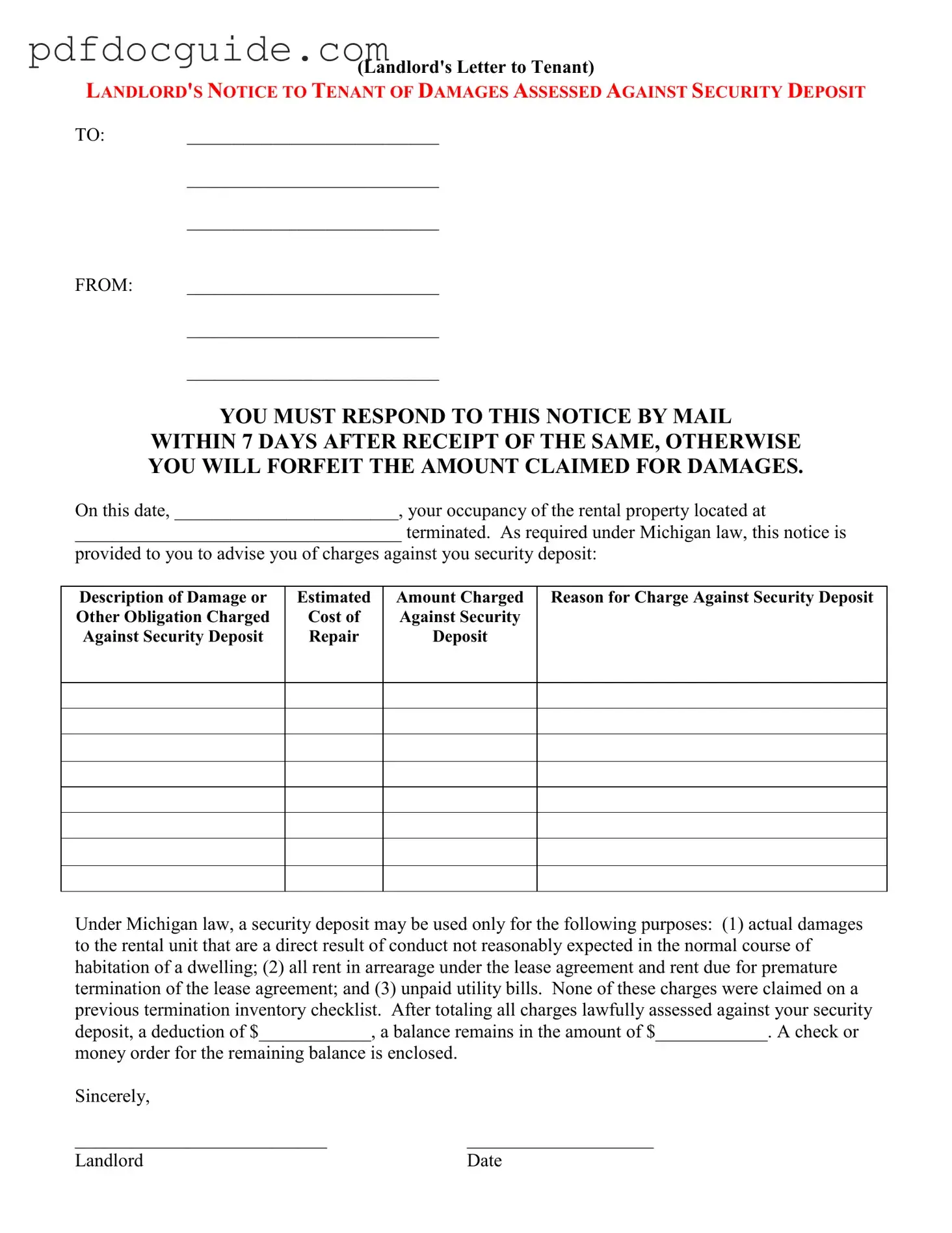 Landlord Damages Letter Form
