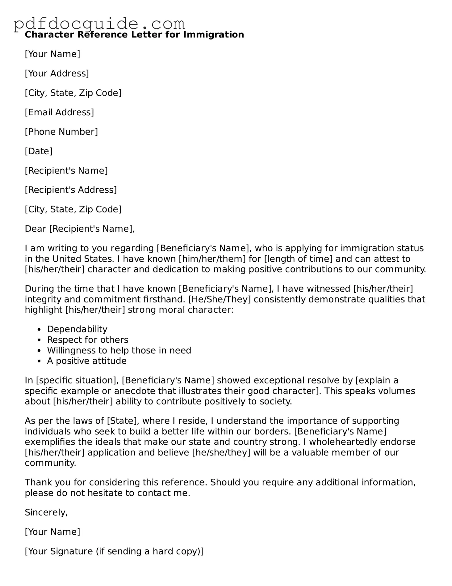 Attorney-Verified Character Reference Letter for Immigration Template