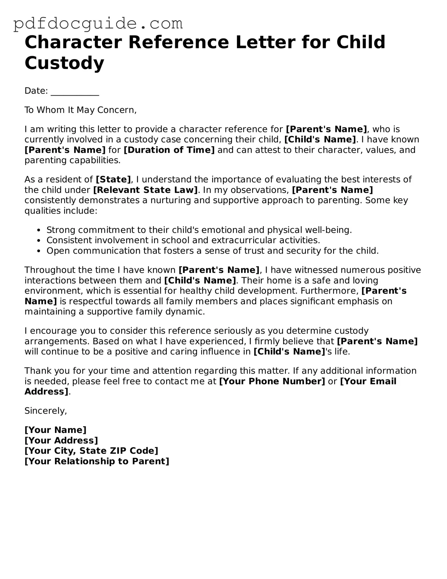 Attorney-Verified Character Reference Letter for Child Custody Template