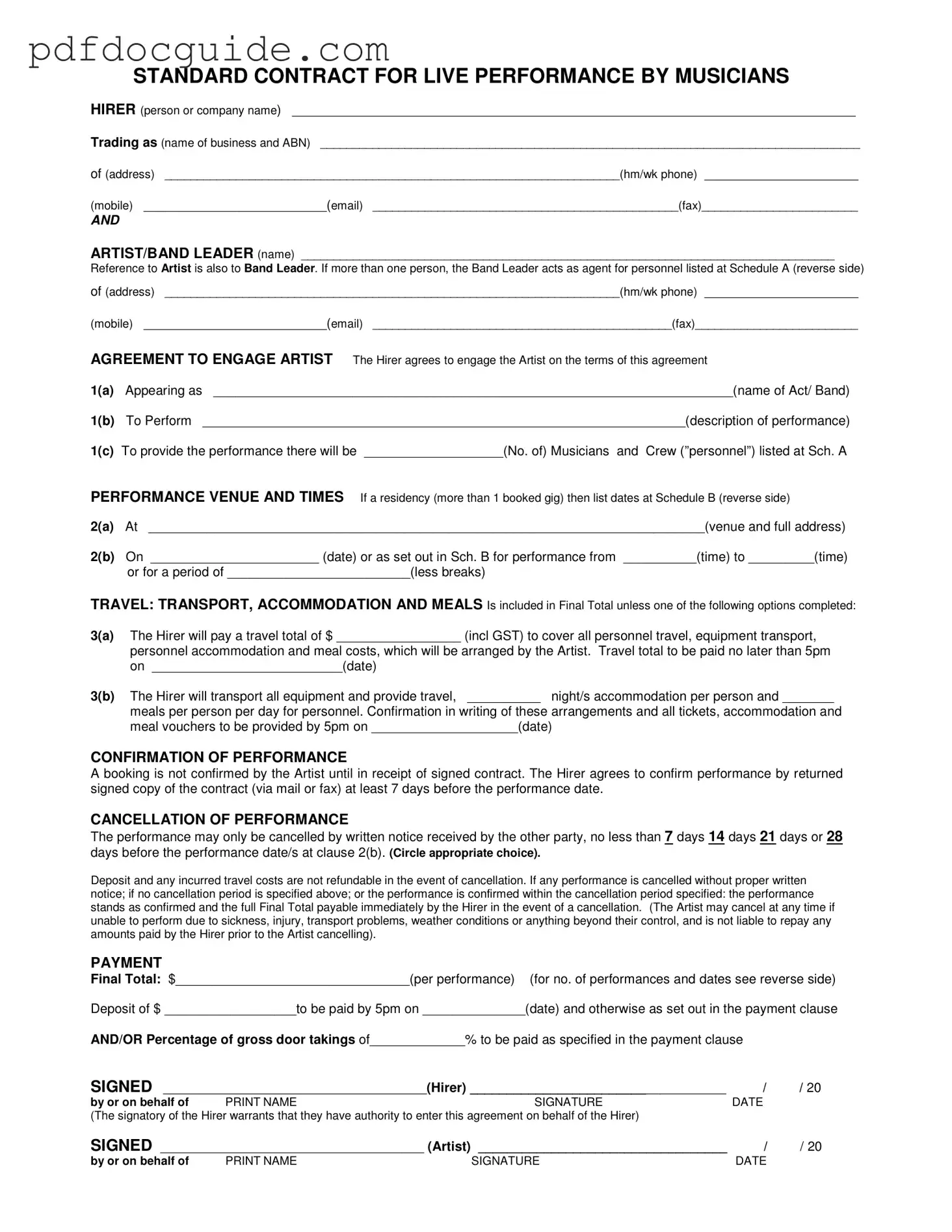 Live Performance Contract Form