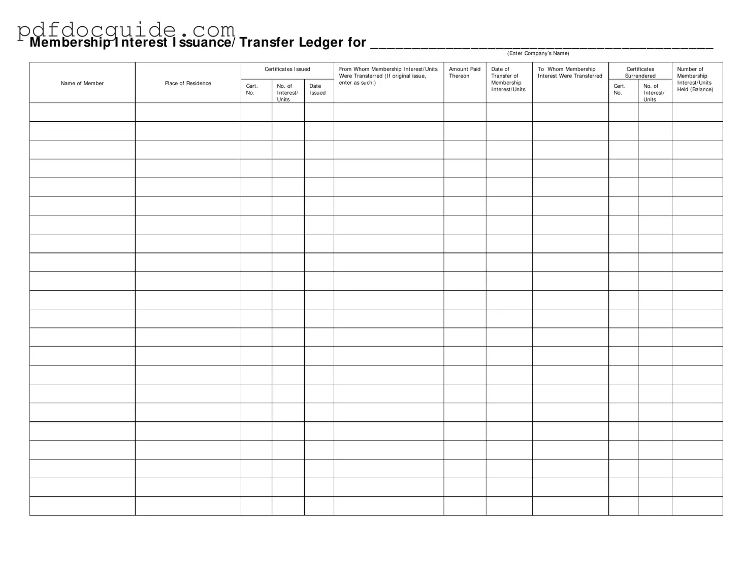 Membership Ledger Form