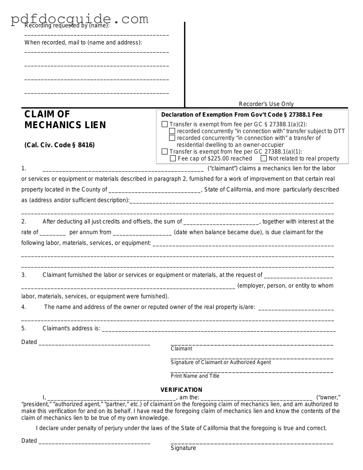 Mechanics Lien California Form