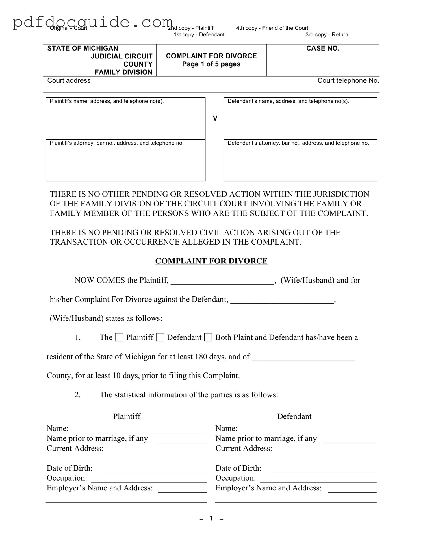 Michigan Complaint Divorce Form