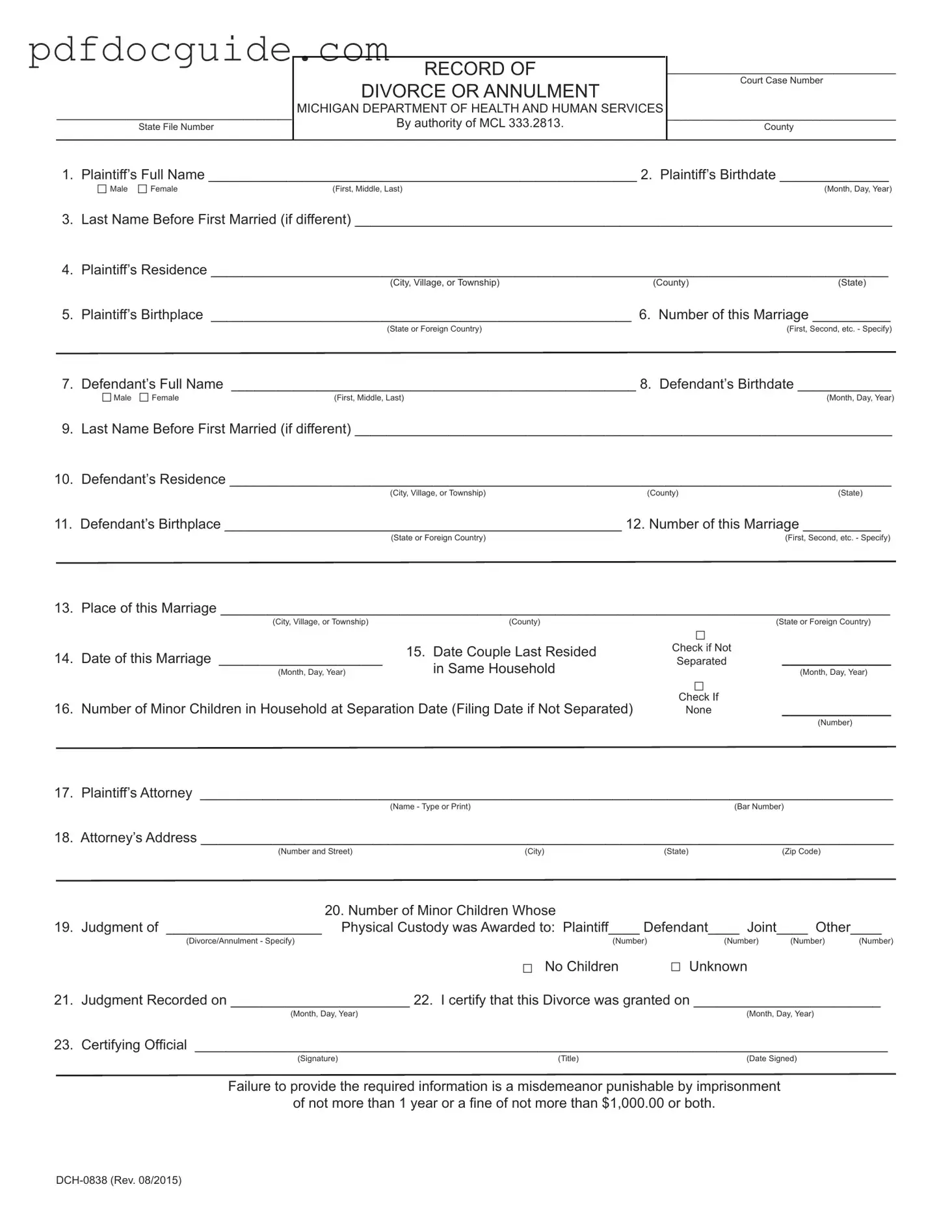 Michigan Dch 0838 Form