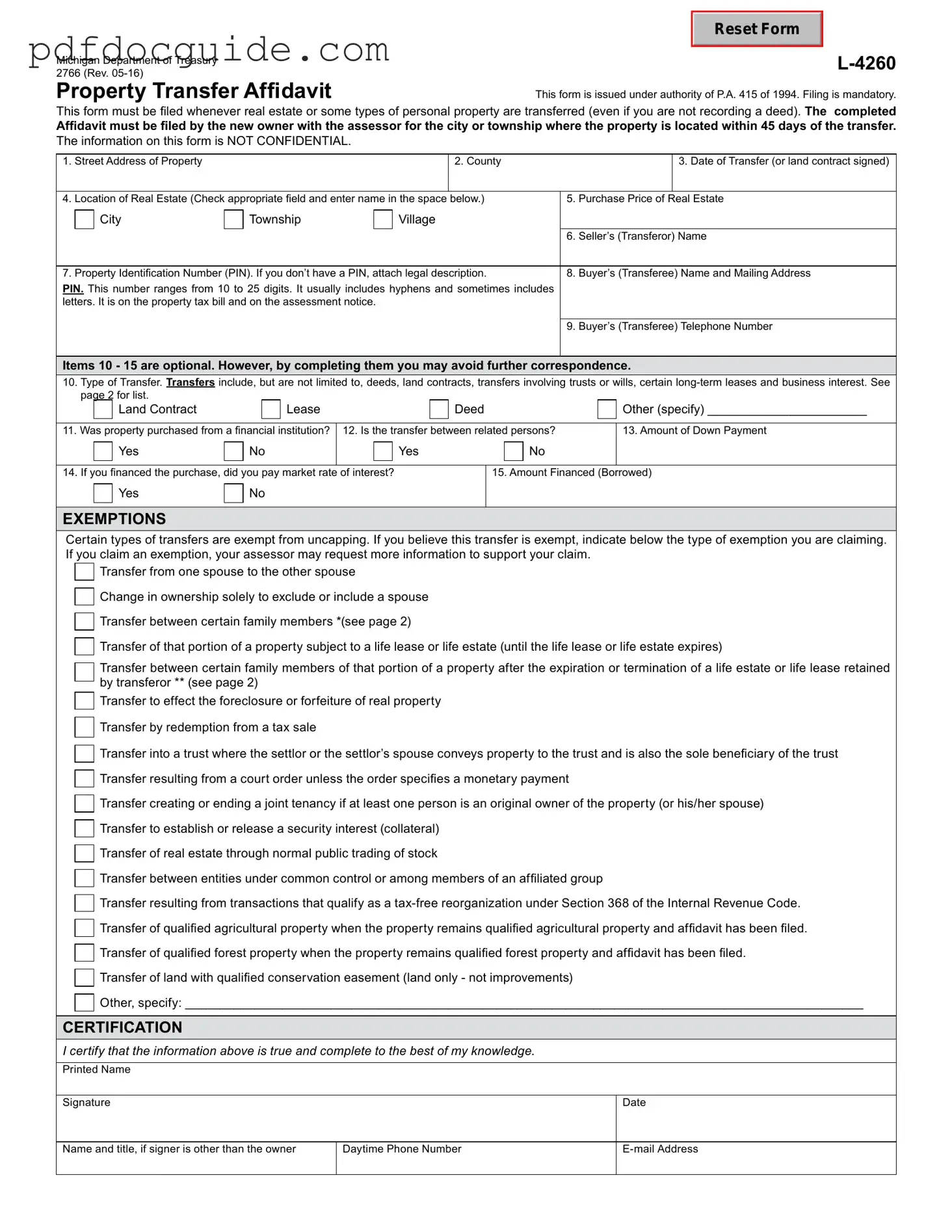 Michigan Property Transfer Affidavit 2766 Form