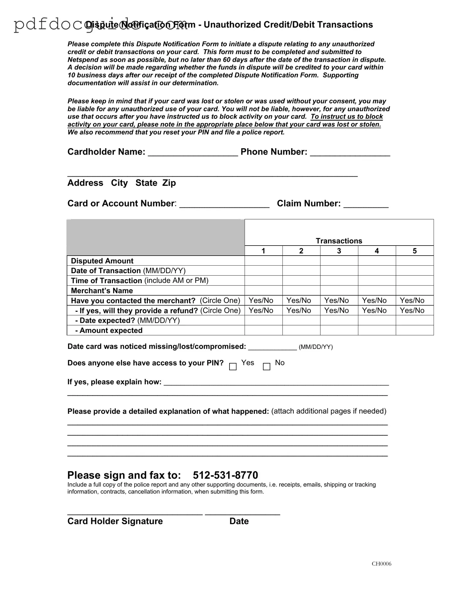 Netspend Dispute Form
