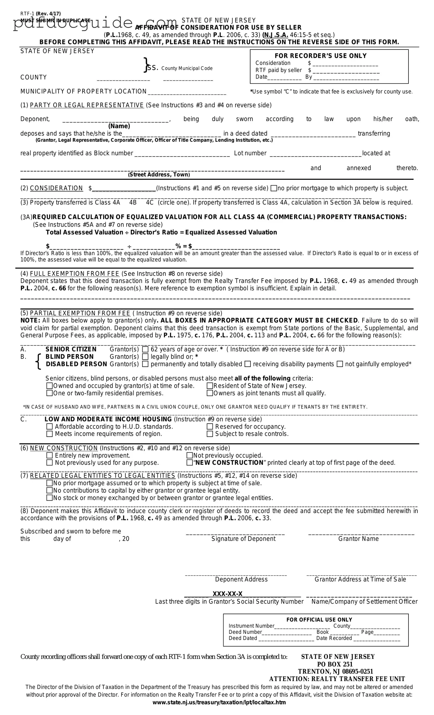 New Jersey Affidavit of Consideration RTF-1 Form