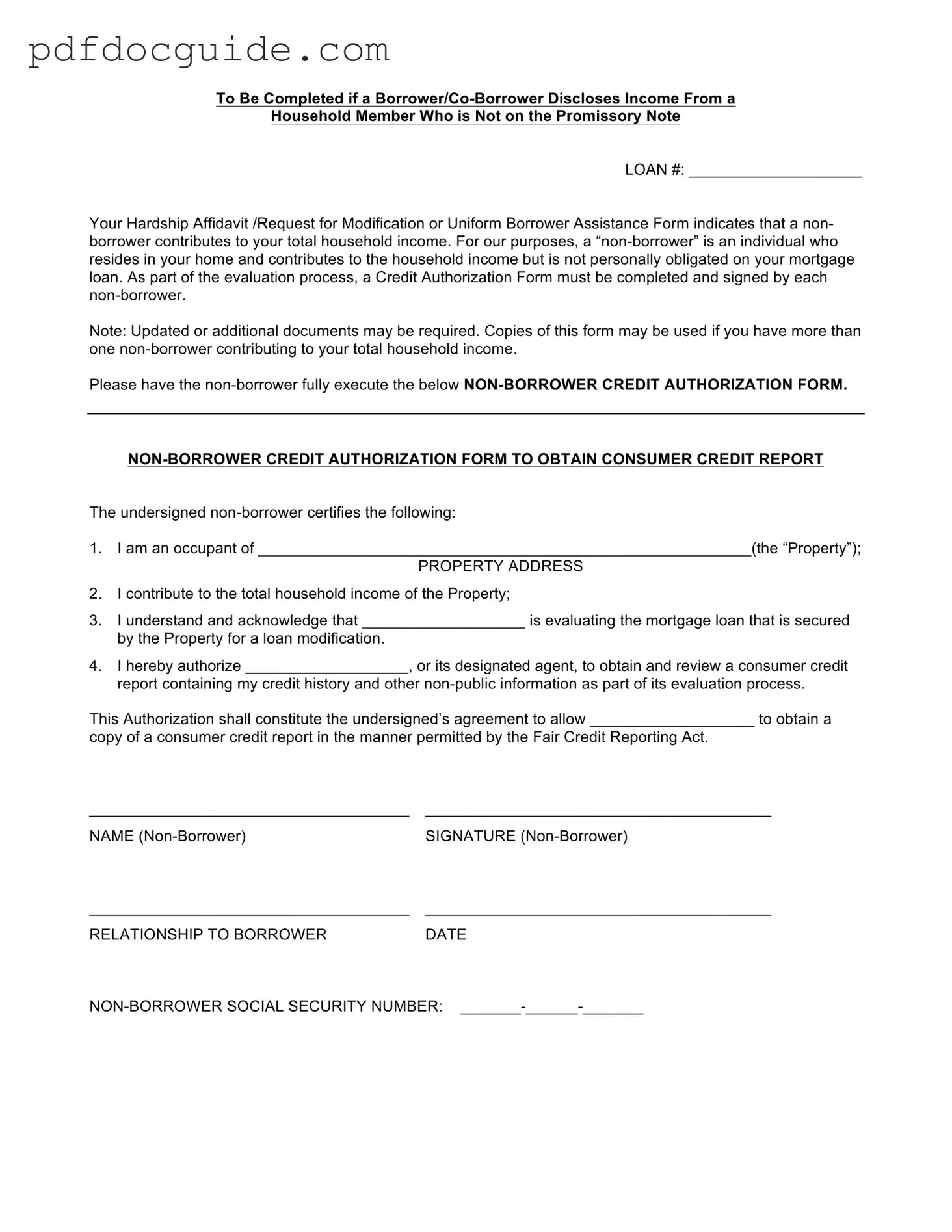Non Borrower Credit Authorization Form