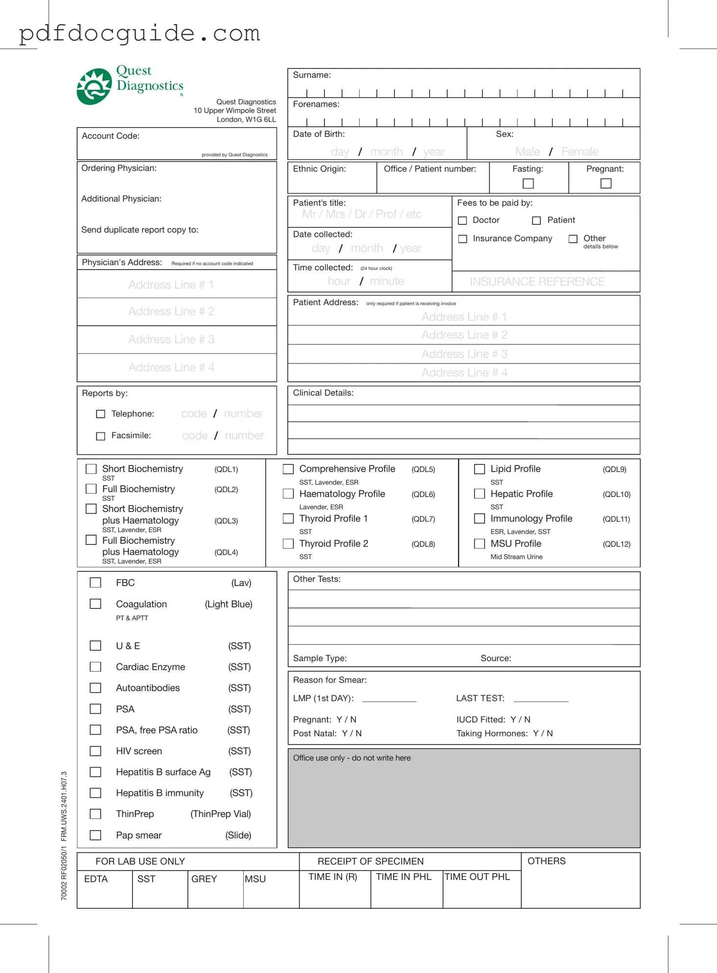 Order Quest Diagnostics Form