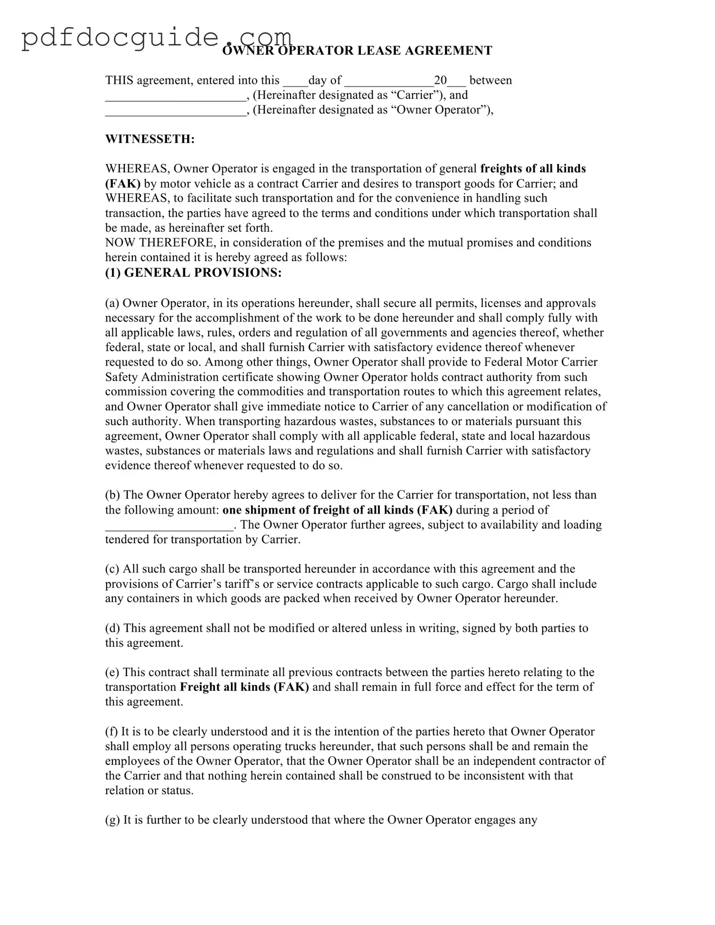 Owner Operator Lease Agreement Form