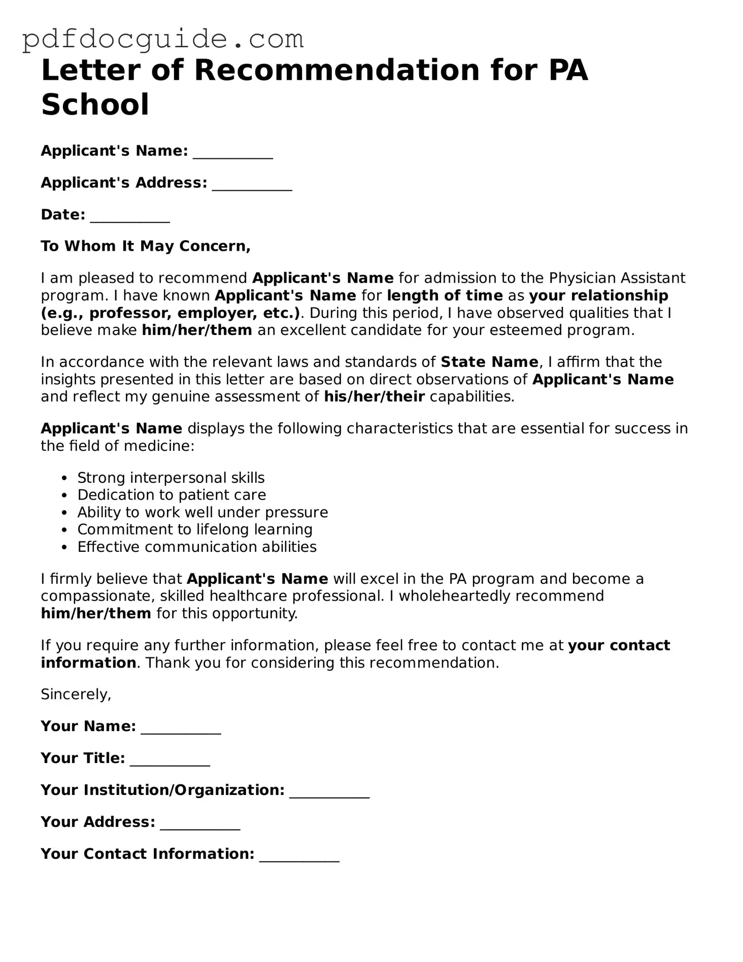 Attorney-Verified PA School Letter of Recommendation Template