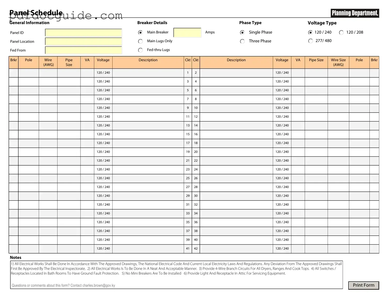 Electrical Panel Schedule Form