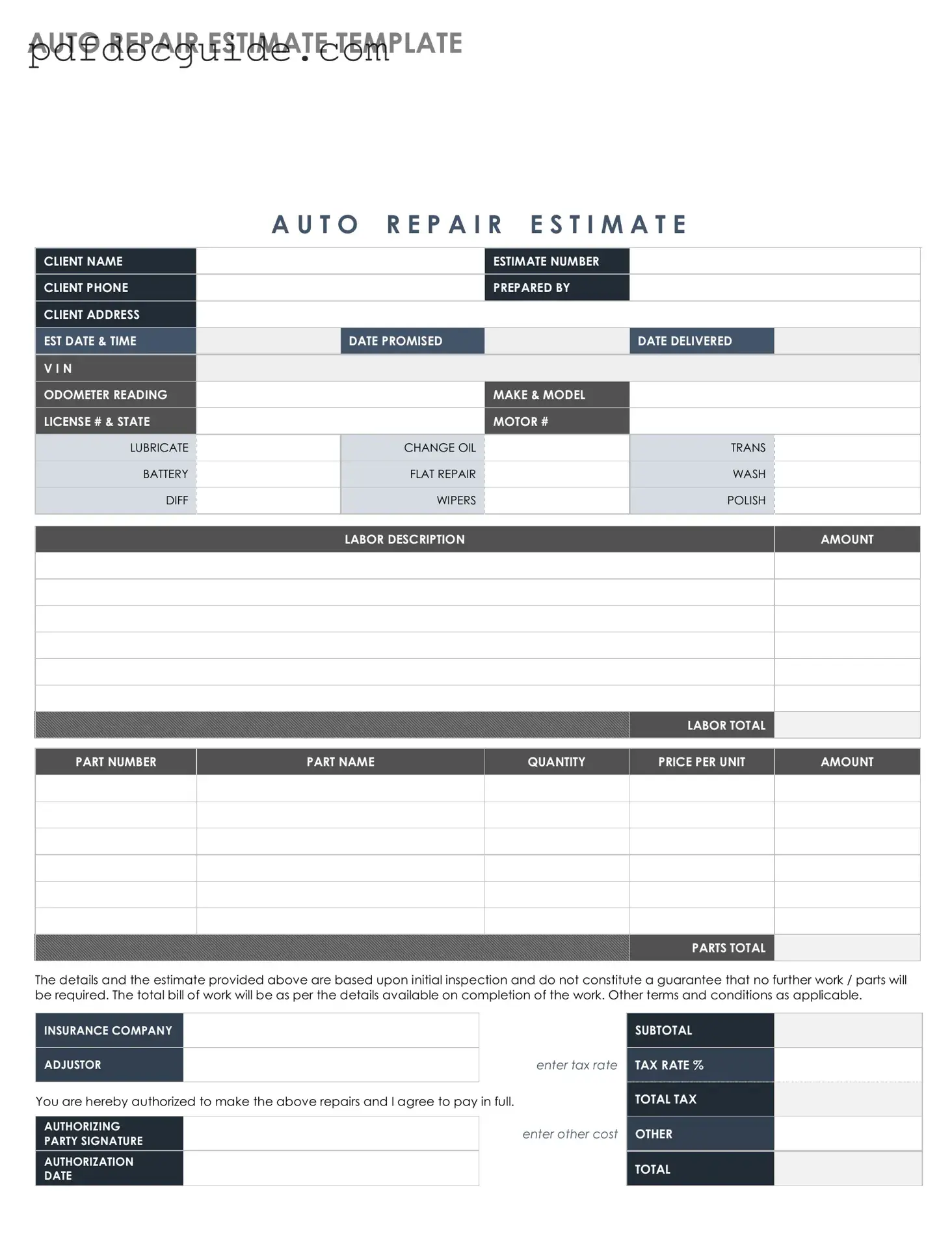 Auto Repair Estimate Form