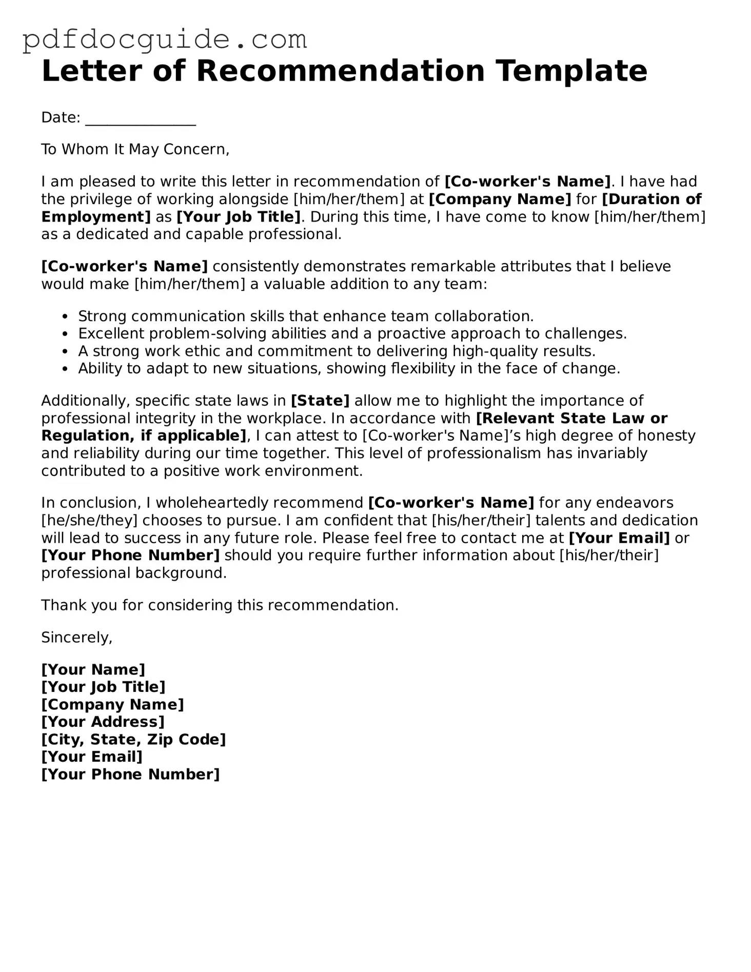 Attorney-Verified Letter of Recommendation for Coworker Template