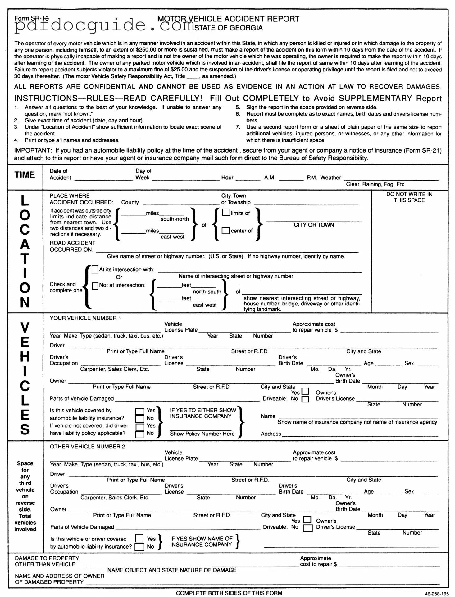 Personal Accident Report Sr 13 Ga Form