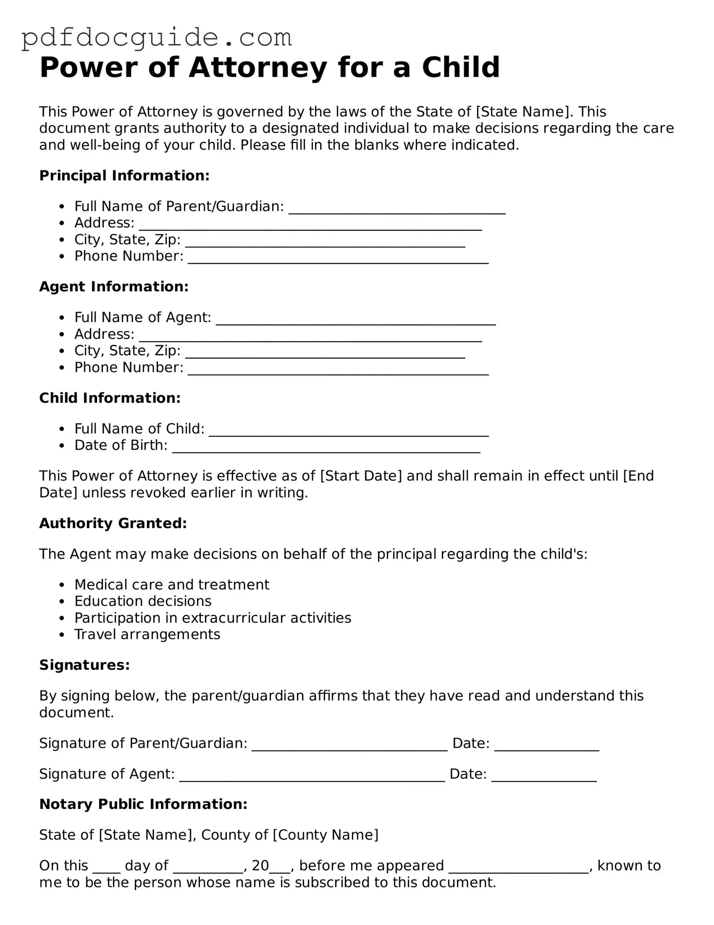 Attorney-Verified Power of Attorney for a Child Template