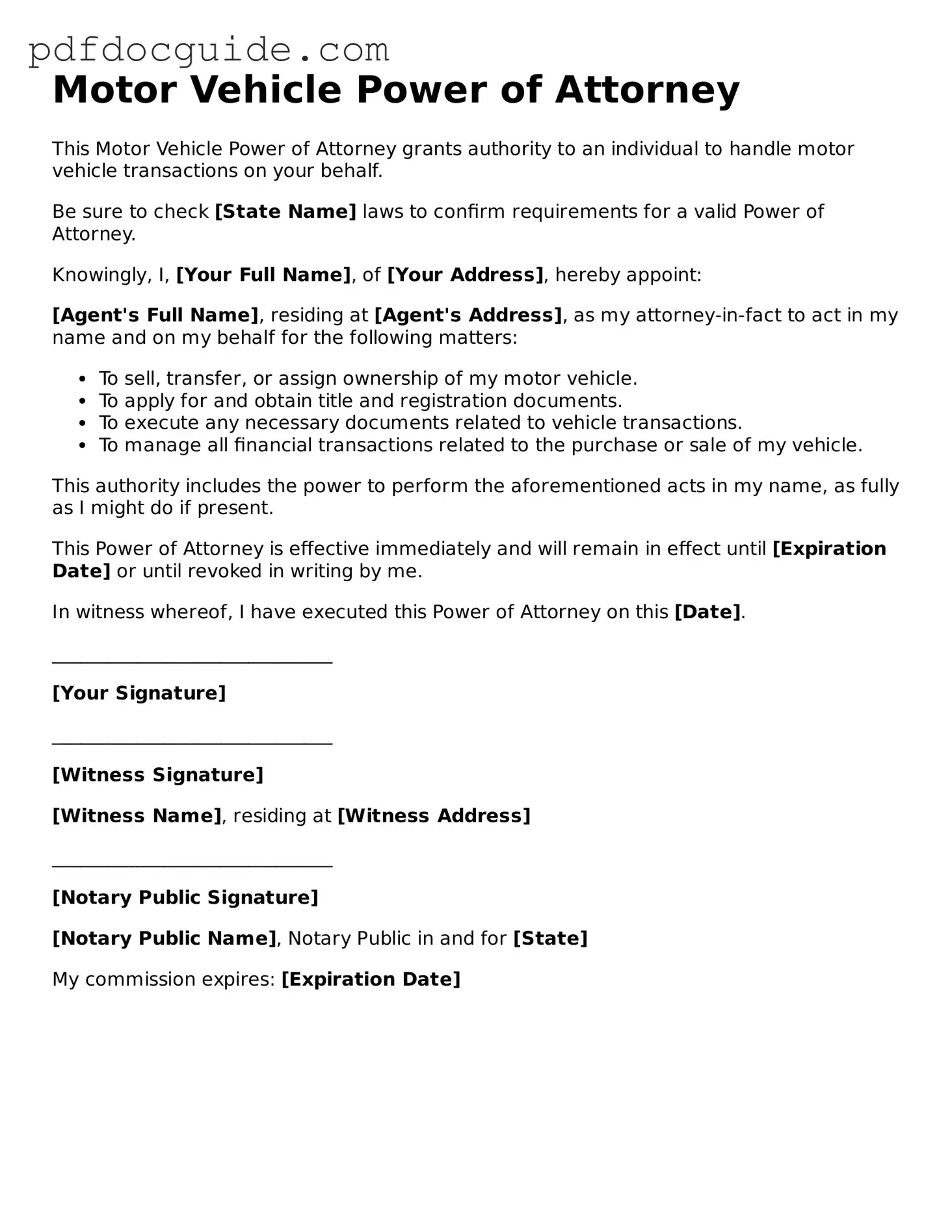 Attorney-Verified Motor Vehicle Power of Attorney Template