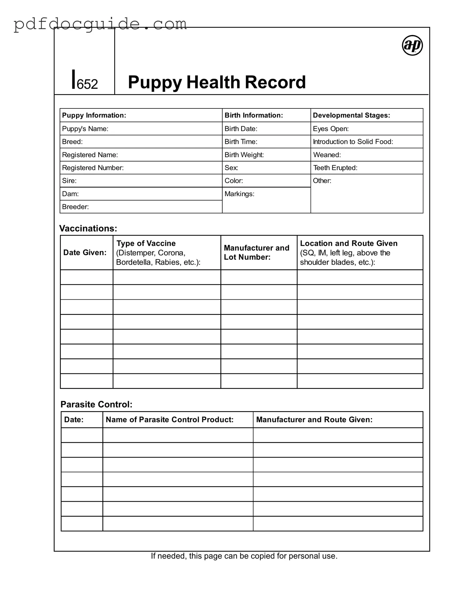 Puppy Health Record Form