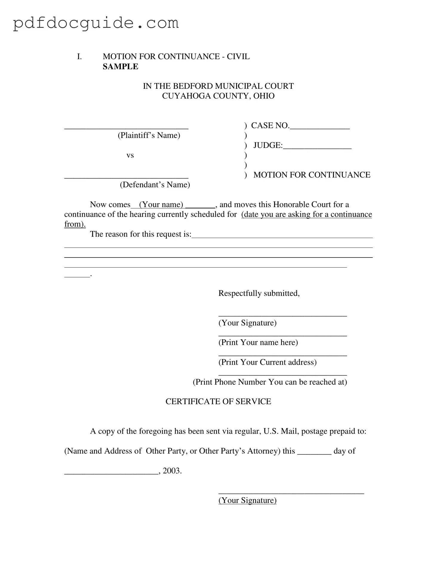 Motion For Continuance Form