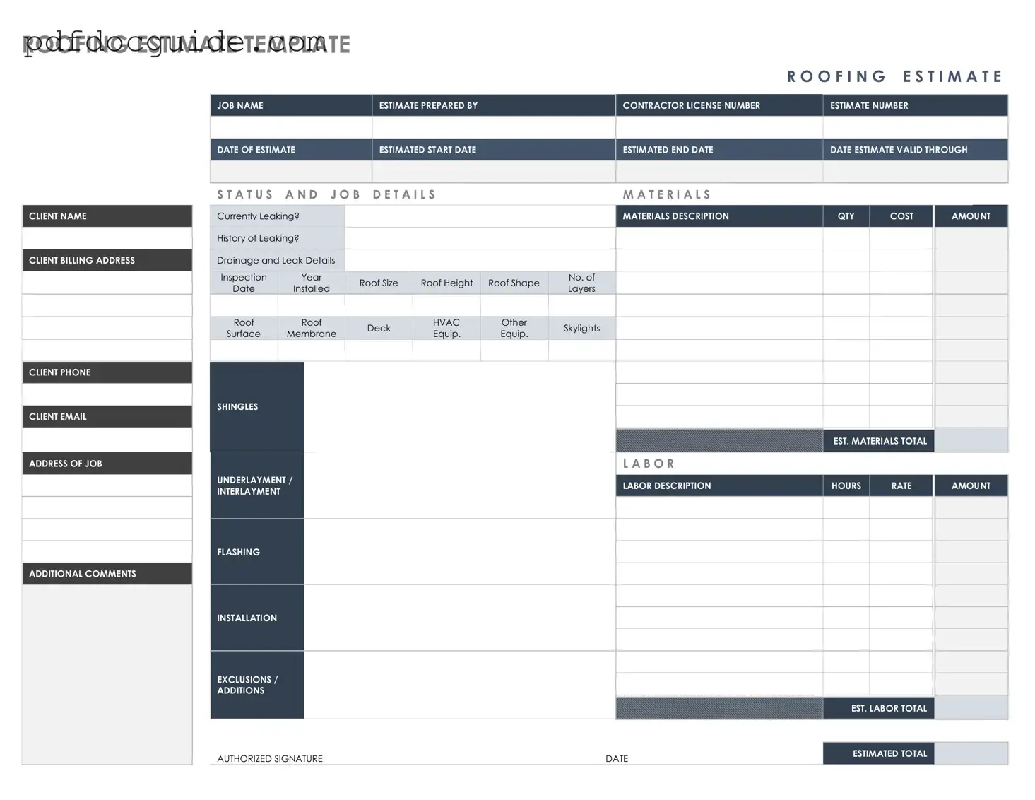 Roofing Estimate Form